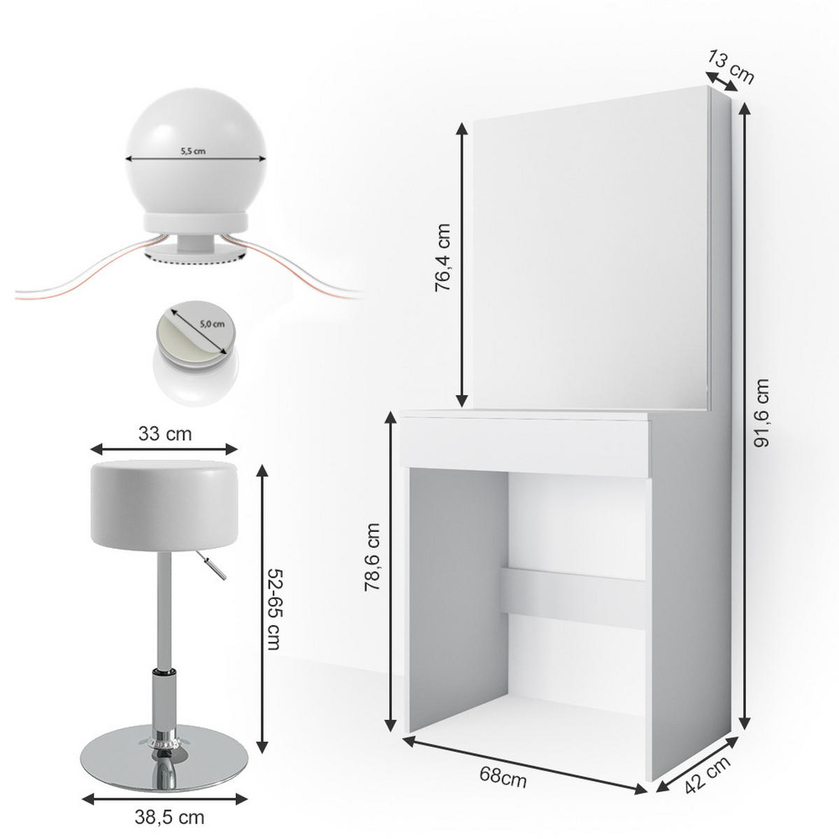 SCHMINKTISCH Melle Weiß 68 cm mit LED Beleuchtung und Hocker - Weiß, Holzwerkstoff (68/155/42cm) - Vicco
