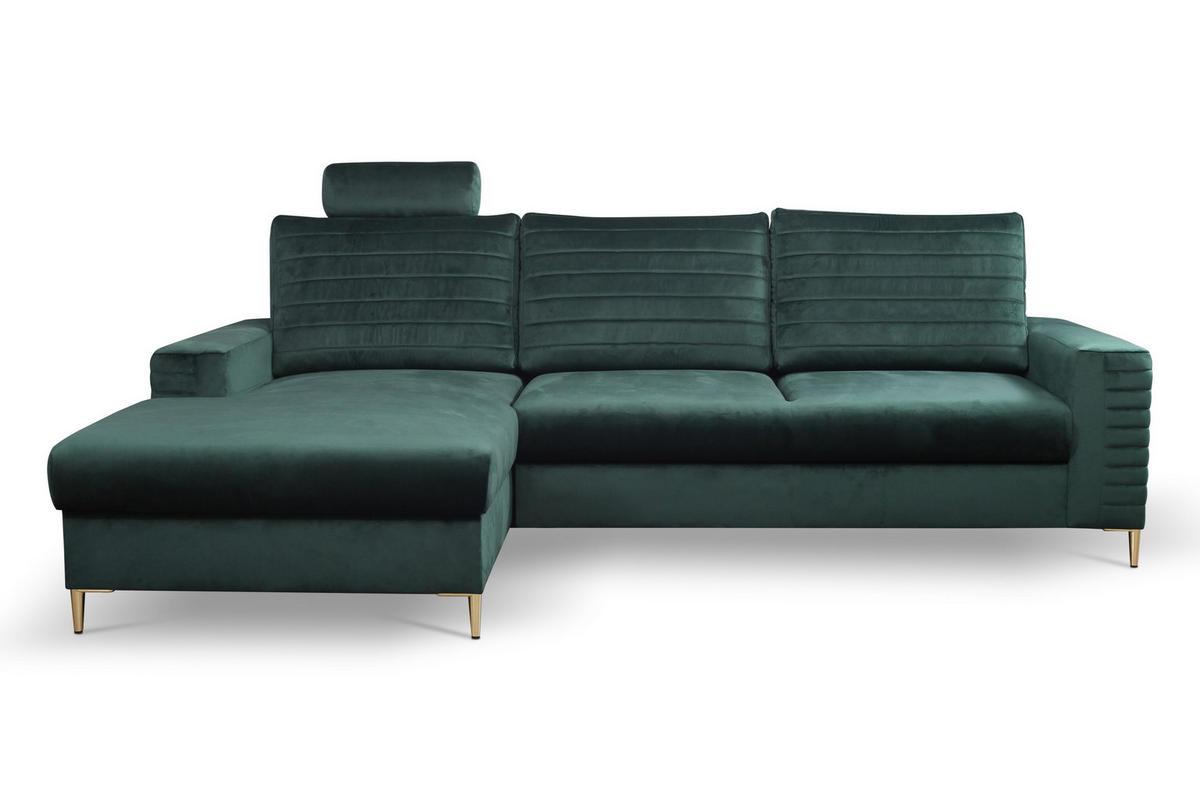 ECKSOFA GRIFO L-S Grün Velours-Stoff mit Schlaffunktion - Grün, Holz (253/165cm) - MASSENO