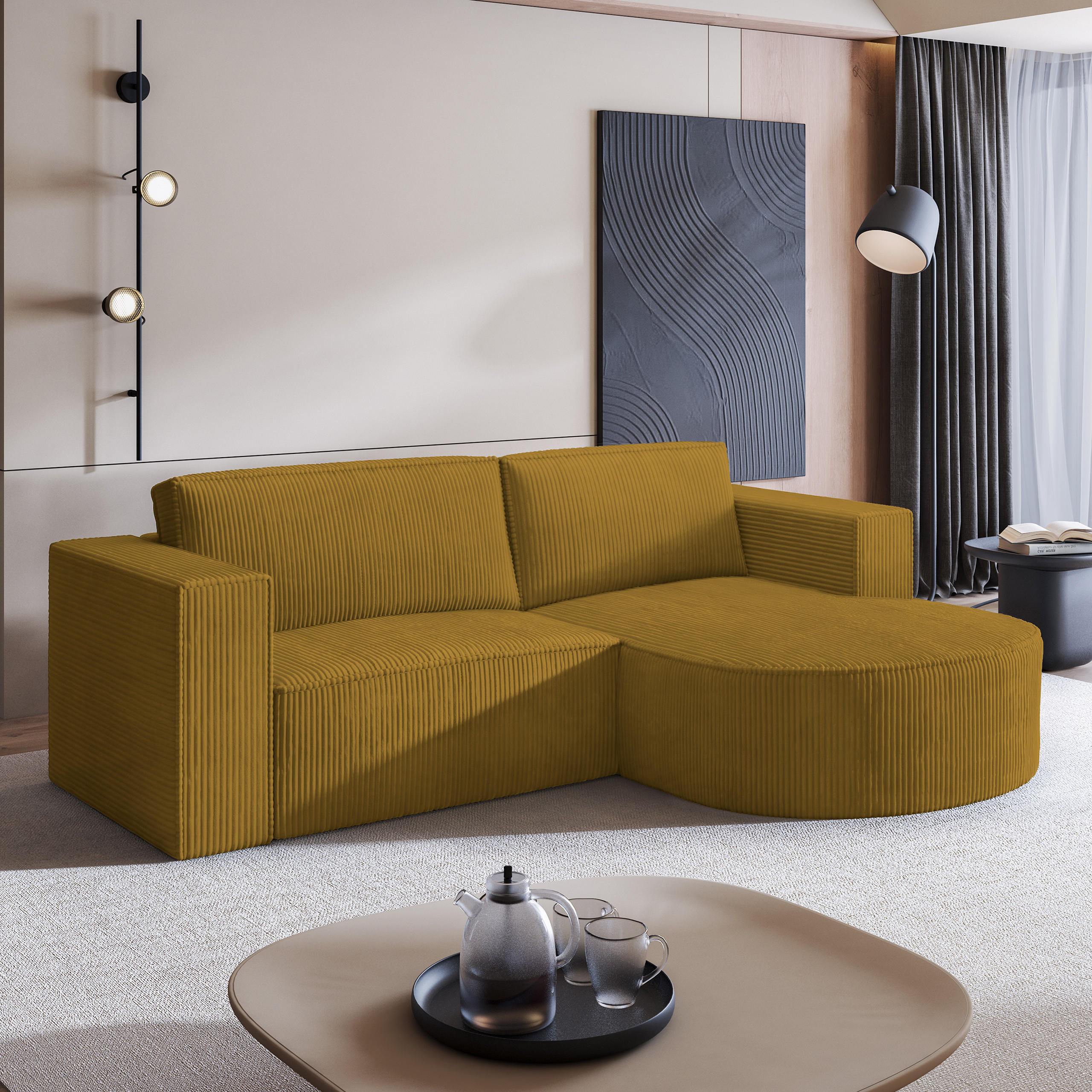 ECKSOFA SORELA P R-S Gelb Kordstoff mit Schlaffunktion - Gelb, Holz (263/174cm) - MASSENO