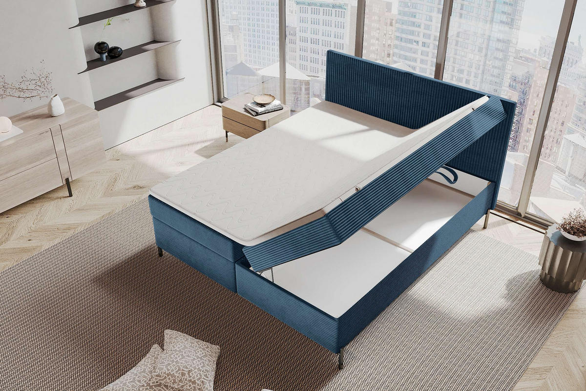 BOXSPRINGBETT VERO Cordstoff Blau 160/200 cm - Blau/Schwarz, Holzwerkstoff/Textil (160/200cm) - 99rooms