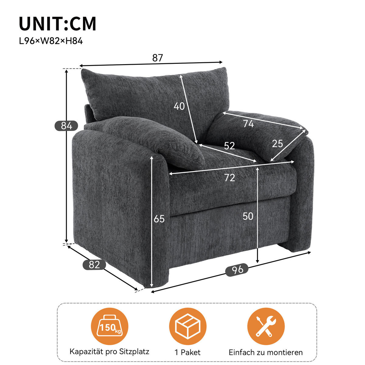 SESSEL Chenille mit breiter Sitzfläche 96/82/84 cm Grau - Grau, Textil (82/84/96cm) - Redom