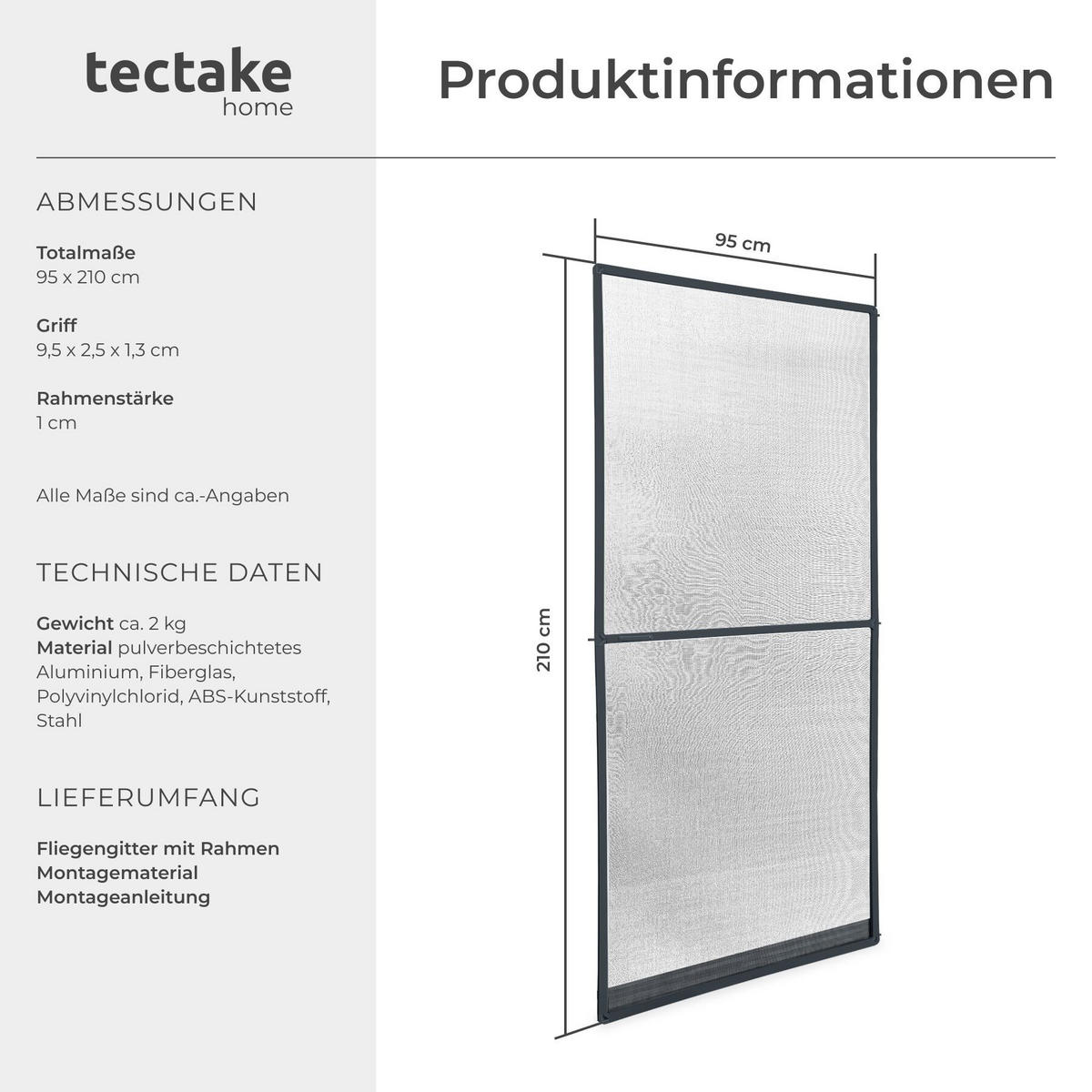 FLIEGENGITTER MIT ALUMINIUMRAHMEN , 95 x 210 cm, anthrazit - Anthrazit, Metall (95/210/1cm) - tectake