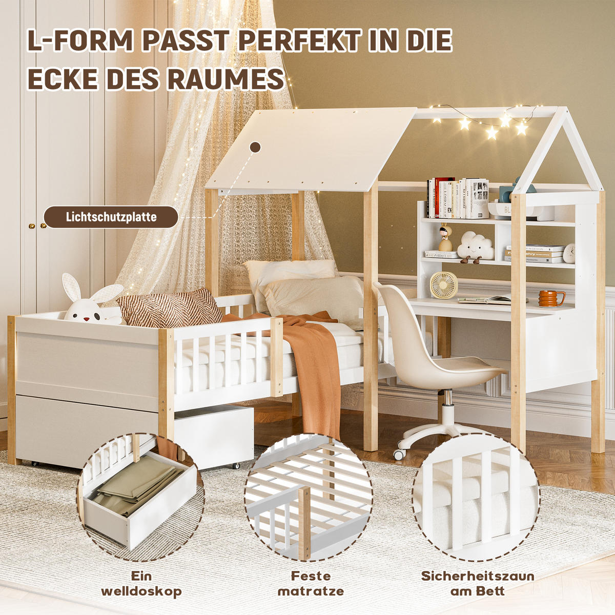 KINDERBETT 90x200 cm Schreibtisch Regal weiß - Weiß, Holz (90/200cm) - LEBENLANG