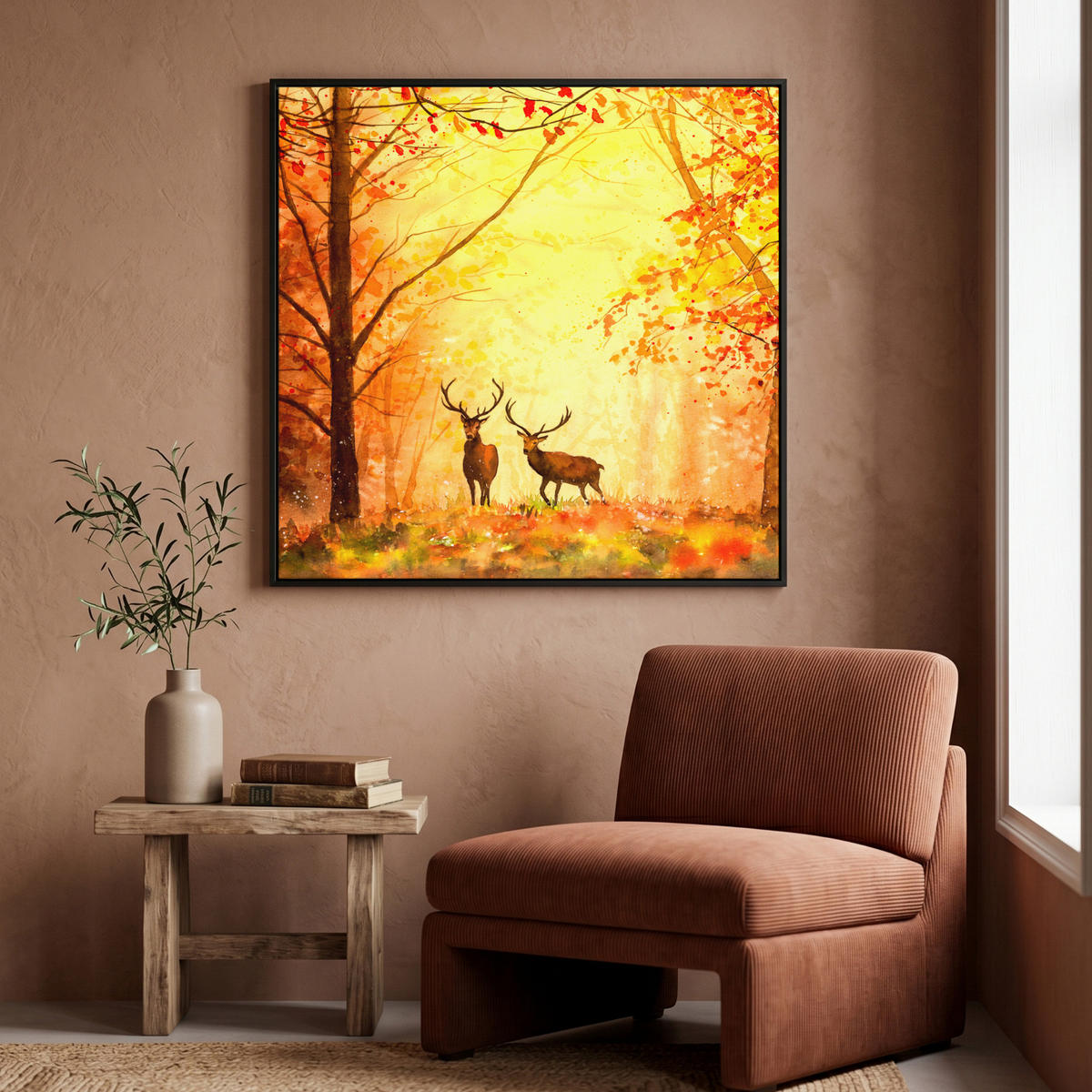 LEINWAND Bilder mit Rahmen - Natur - Ölfarbe - Hirsche - Tiere - Herbst - Orange - 90x90 - Orange, Textil (90/90cm) - MuchoWow