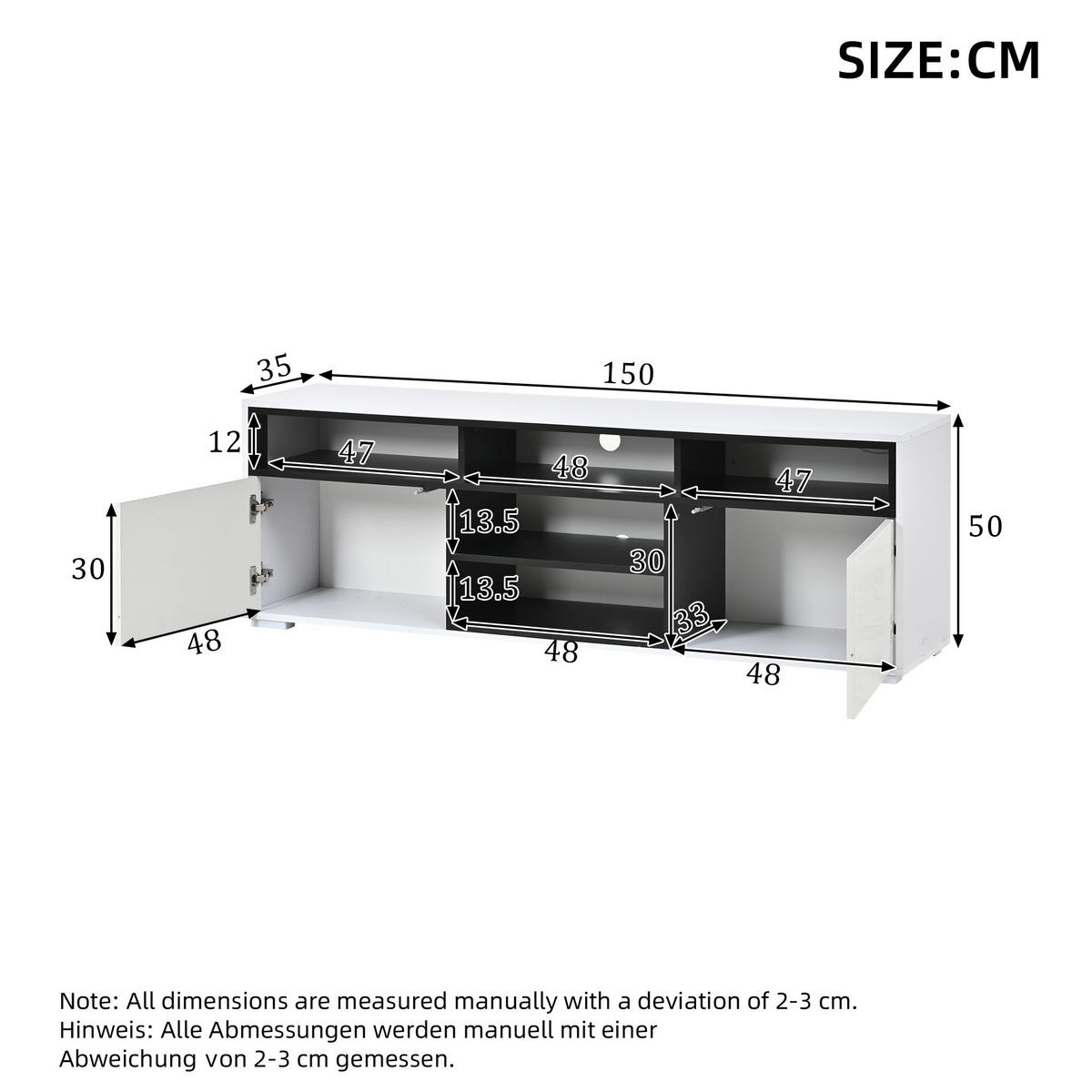 TV-ELEMENT 150/35/50 cm Weiß mit 8 Lagerräume - Weiß, Holz (150/50/35cm) - Oxeza