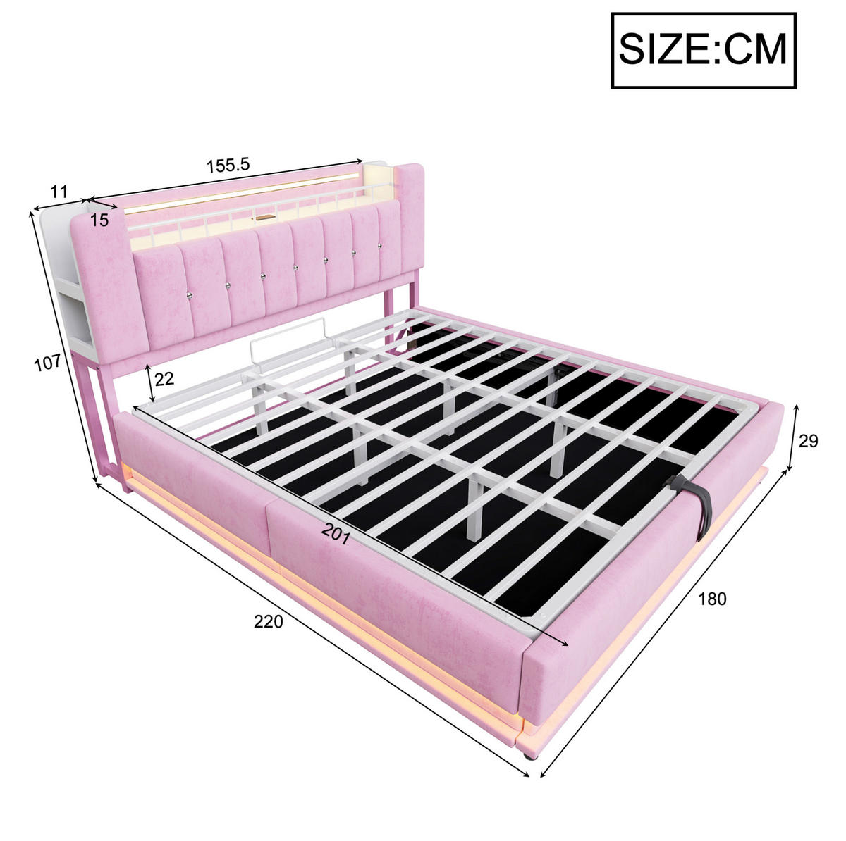 POLSTERBETT 180/200 cm mit LED-Beleuchtung, USB-Anschlüssen und hydraulischem Stauraum, Samt, Rosa - Rosa, Textil (180/200cm) - Redom