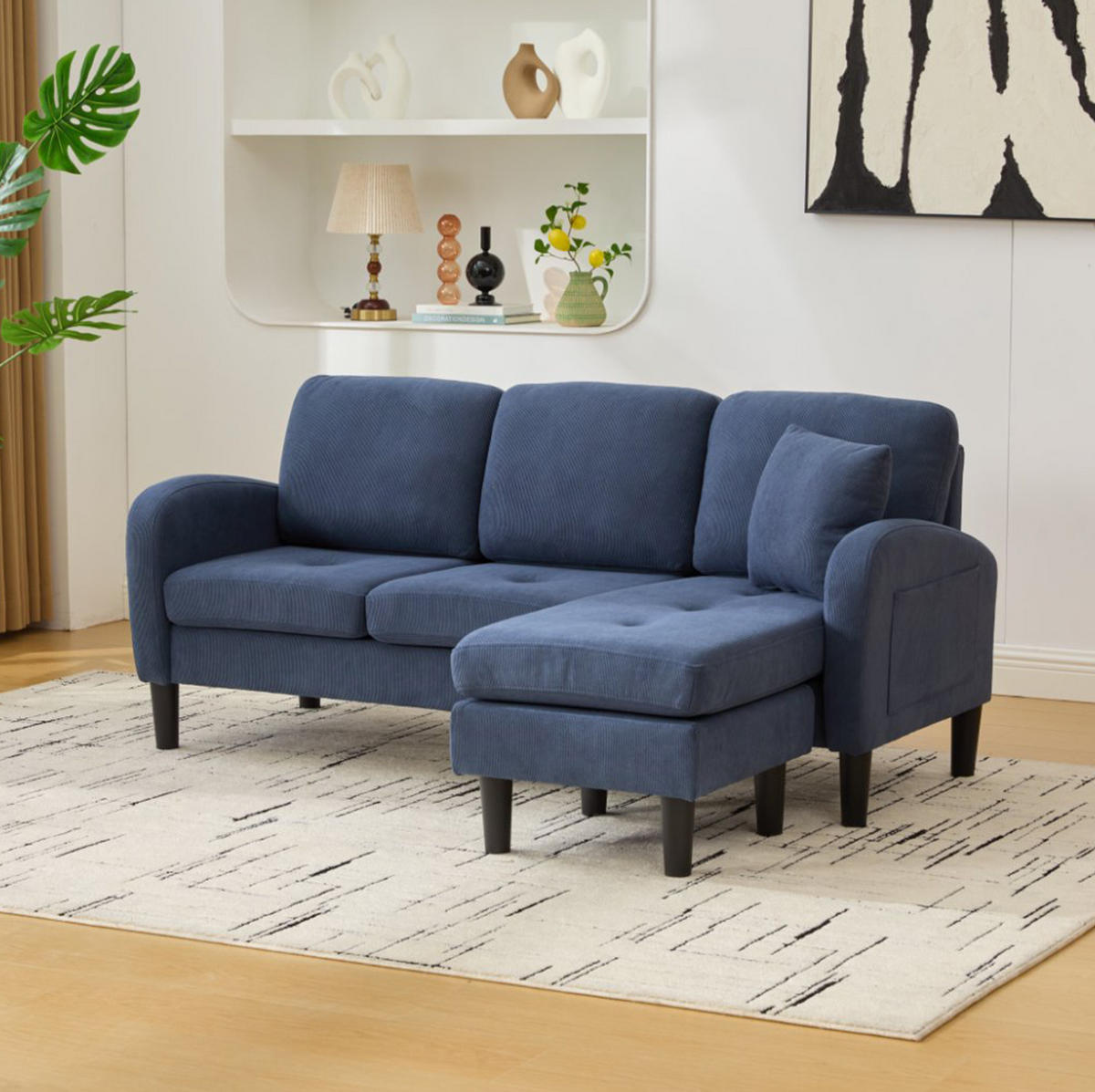 SOFA modular mit Chaiselongue 166 x 118 x 77 cm Cord Blue - Blau, Holz (118/166cm) - Meubliv