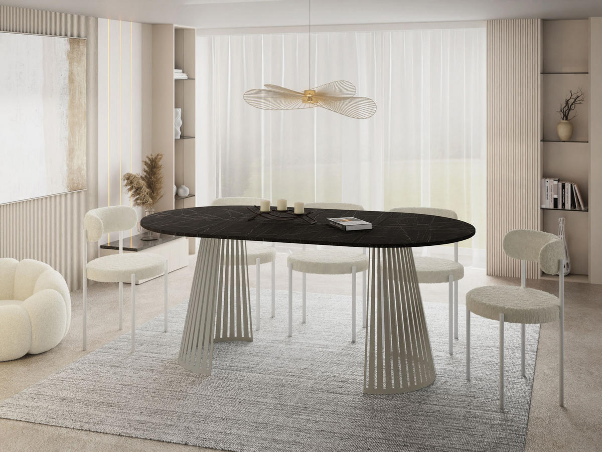 ESSTISCH Naro rund ausziehbar mit Lamellen-Metallgestell in Grau-Beige, Marmor Schwarz 120-200/120/76 cm - Kaschmir/Anthrazit, Holzwerkstoff/Metall (120/120/76cm) - WFL GROUP