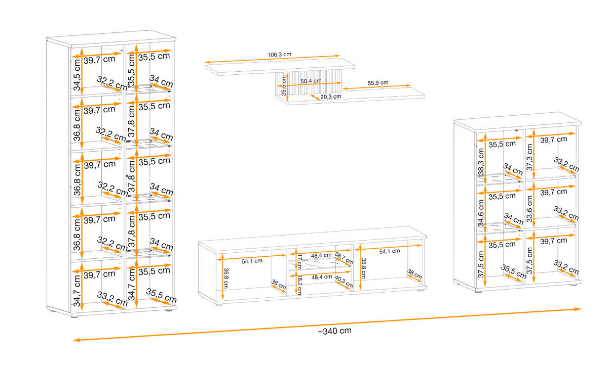 WOHNWAND schwarz, Eiche Jackson 353 cm, Schrankwand mit Push-top-Open und Beleuchtung - Eichefarben/Schwarz, Glas/Holzwerkstoff (340/192/45cm) - Furn.Design