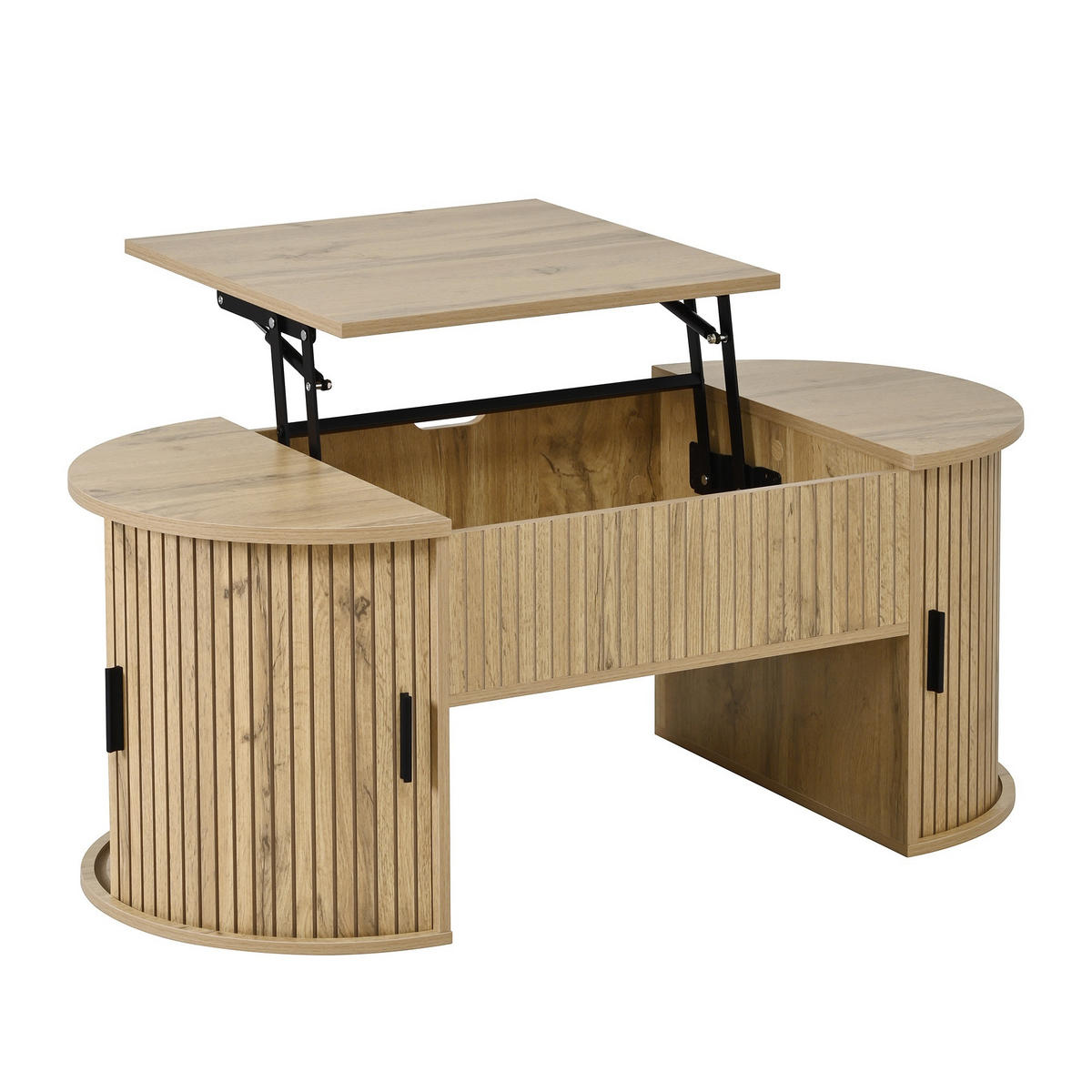 COUCHTISCH 100/50/40,5 cm eichefarben aus Holzwerkstoff mit höhenverstellbarer Tischplatte Schiebetüren und offenen Regalen - Eichefarben, Holzwerkstoff (100/50/40.5cm) - OKWISH