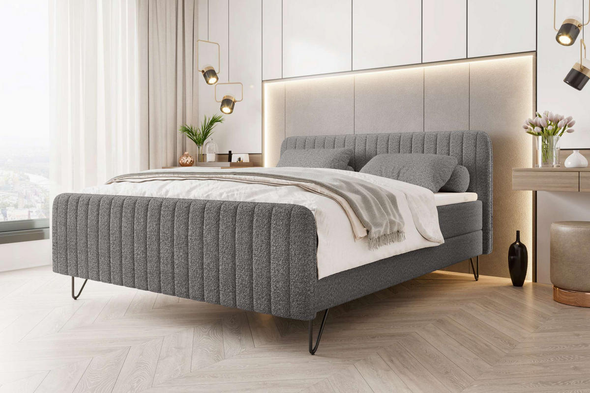 BOXSPRINGBETT LUCIO Bouclé-Stoff Grau 180/200 cm - Schwarz/Grau, Textil/Metall (180/200cm) - 99rooms