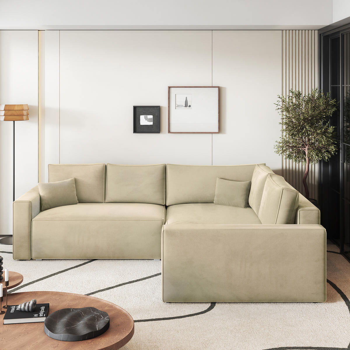 ECKSOFA ERONIS R-S Creme Velours-Stoff mit Schlaffunktion - Creme, Holz (265/194cm) - MASSENO