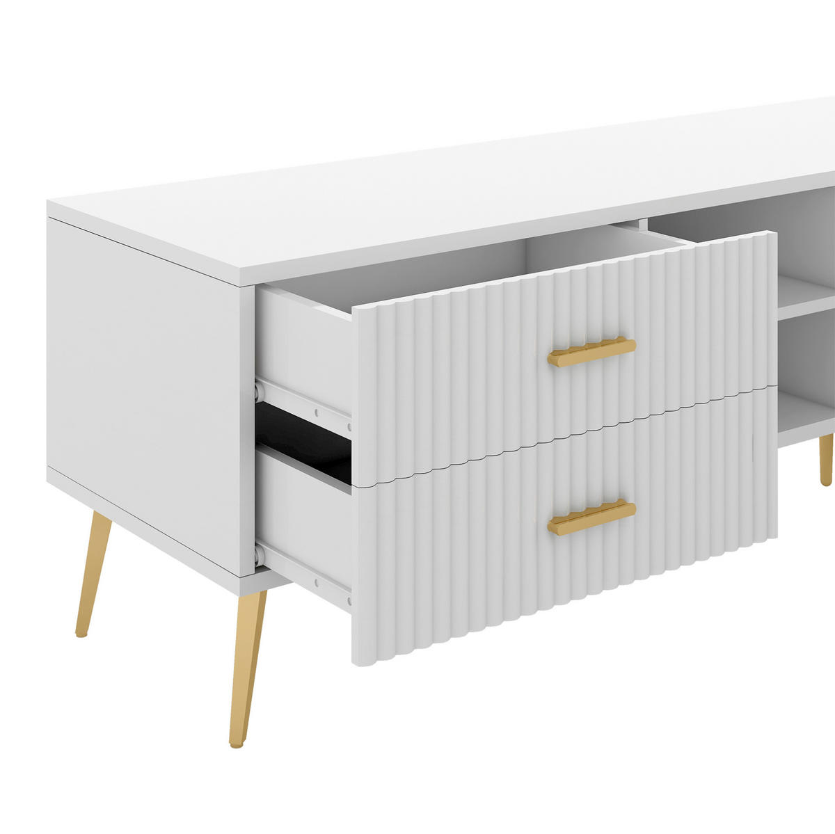 TV-LOWBOARD aus MDF 180x35x41 cm Weiß mit 2 Schubladen, 2 Türen und 3 offenen Fächern - Weiß, Holzwerkstoff (180/44/35cm) - Modfu