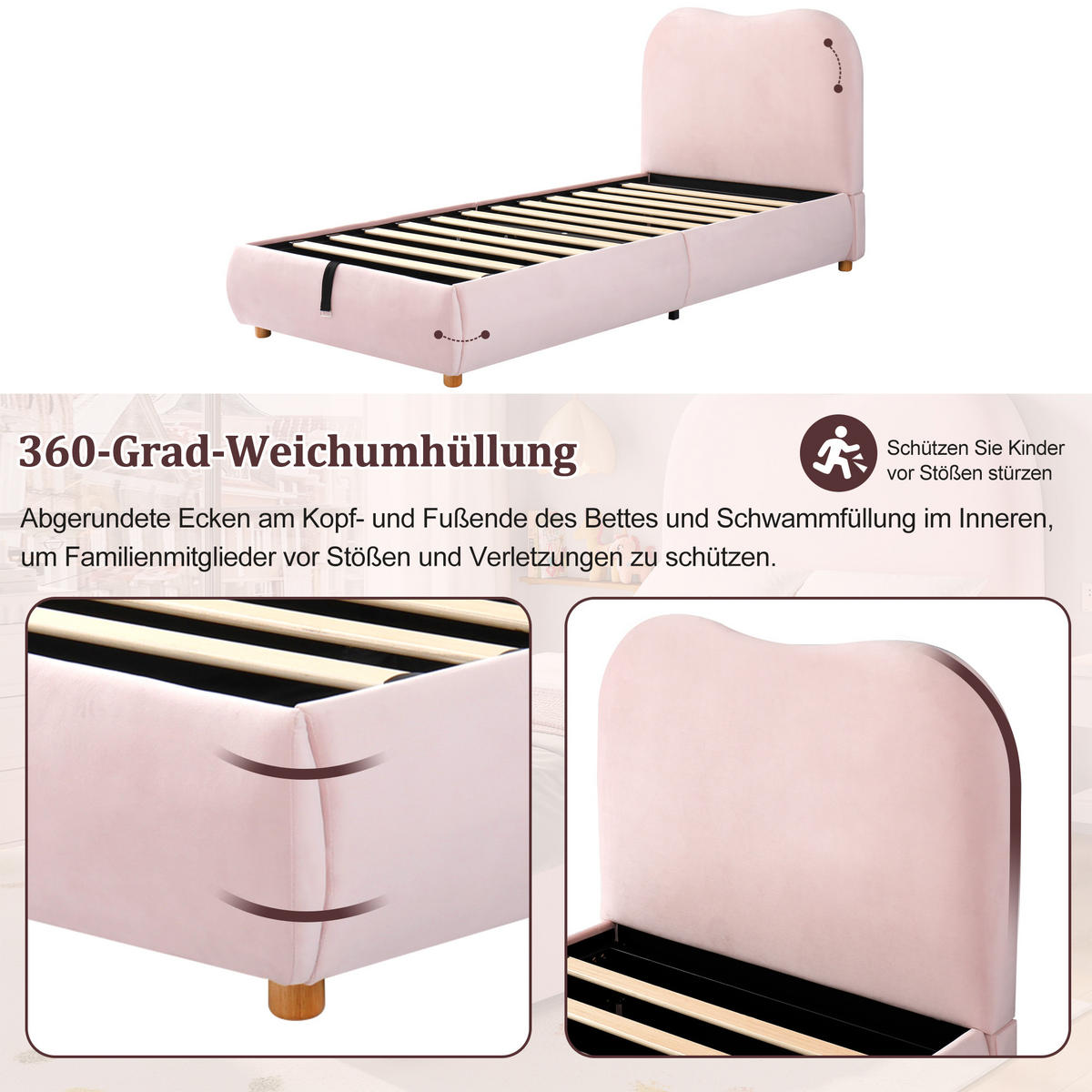 POLSTERBETT 90/200 cm Pink Samt mit hydraulischem Bettkasten und Lattenrost - Rosa, Textil (90/200cm) - OKWISH