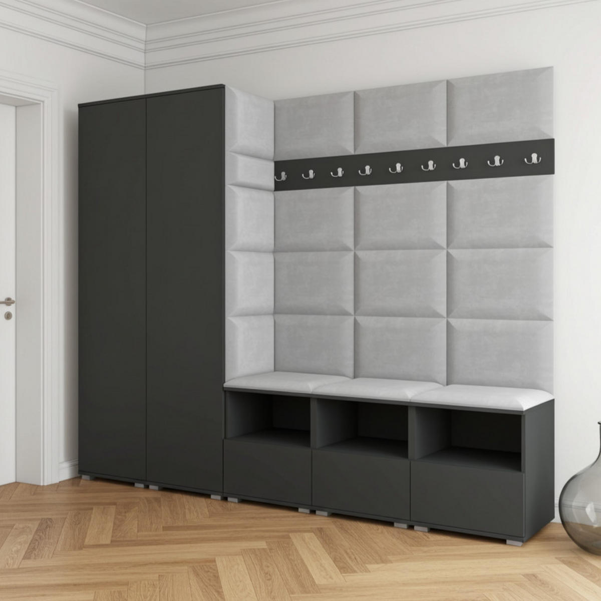 GARDEROBE NELA VII 250 cm (Modulare Flurmöbel XL Graphit mit Sitzpolster Hellgrau 32 2 Schränke) - Silberfarben/Hellgrau, Holz/Holzwerkstoff (250/187/40cm) - Ravio