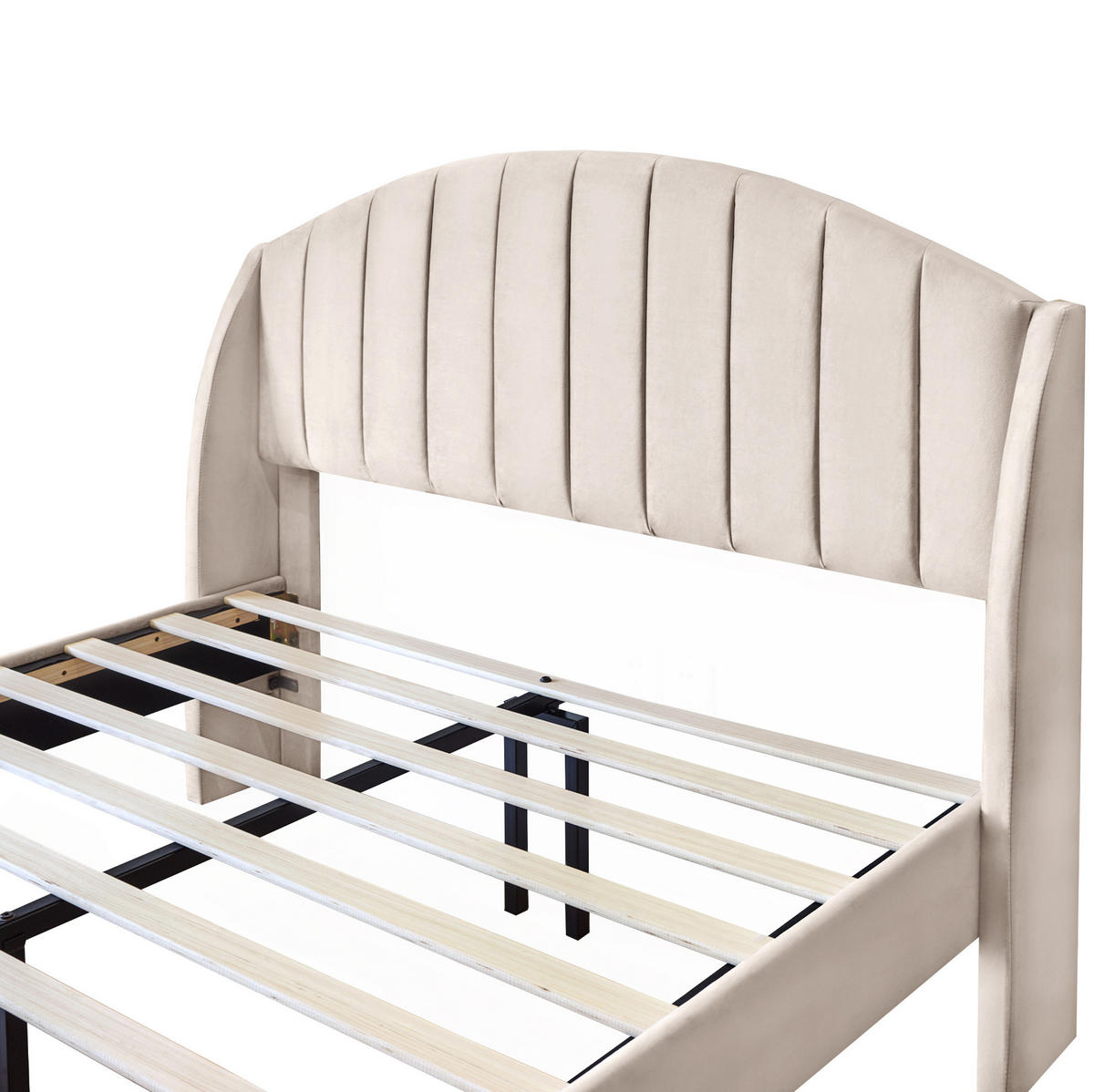 ČALOUNĚNÁ postel 140/190 cm béžová ze sametu s roštem a vysokým čelem - béžová, textil (140/190cm) - OKWISH