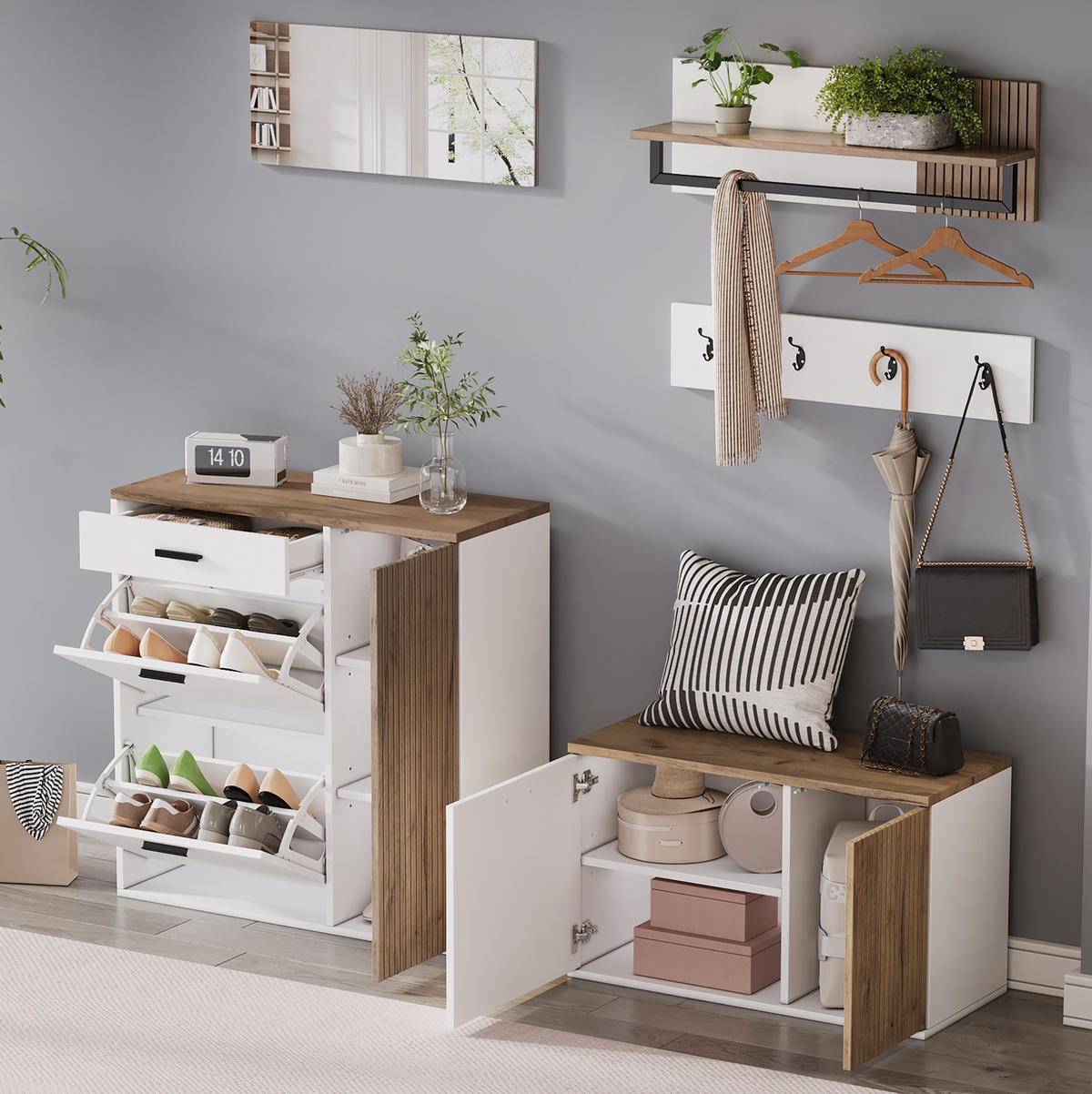 SCHUHSCHRANK aus Spanplatte 85x36x85cm in Weiß mit 5-teiligem Flurset - Weiß, Holzwerkstoff (85/85/36cm) - Modfu