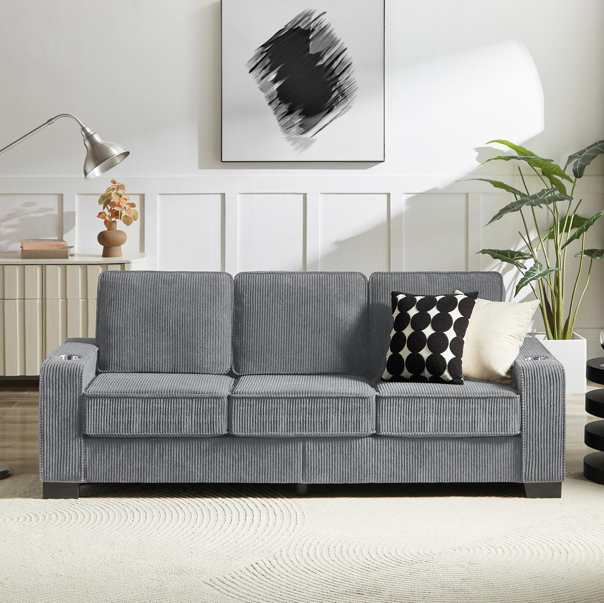 SOFA mit Getränkehaltern 206 cm Cord Grau - Grau, Holzwerkstoff (206/86/72cm) - Meubliv