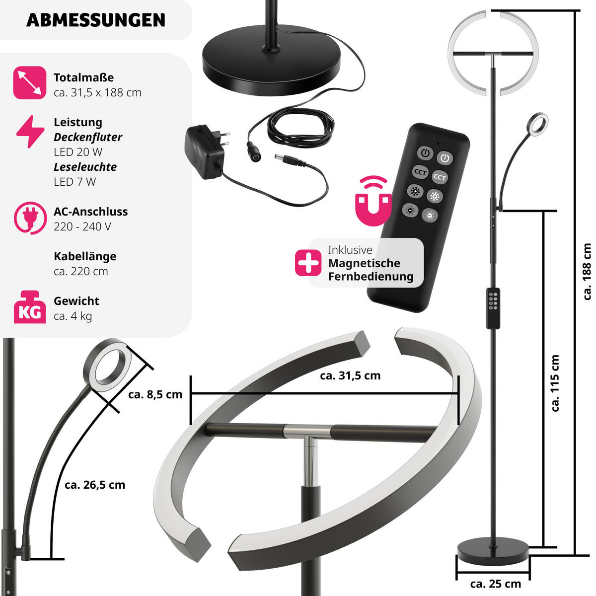 DECKENFLUTER Auralis,31,5 x 188 cm ,schwarz - Schwarz, Metall (31.5/31.5/188cm) - tectake