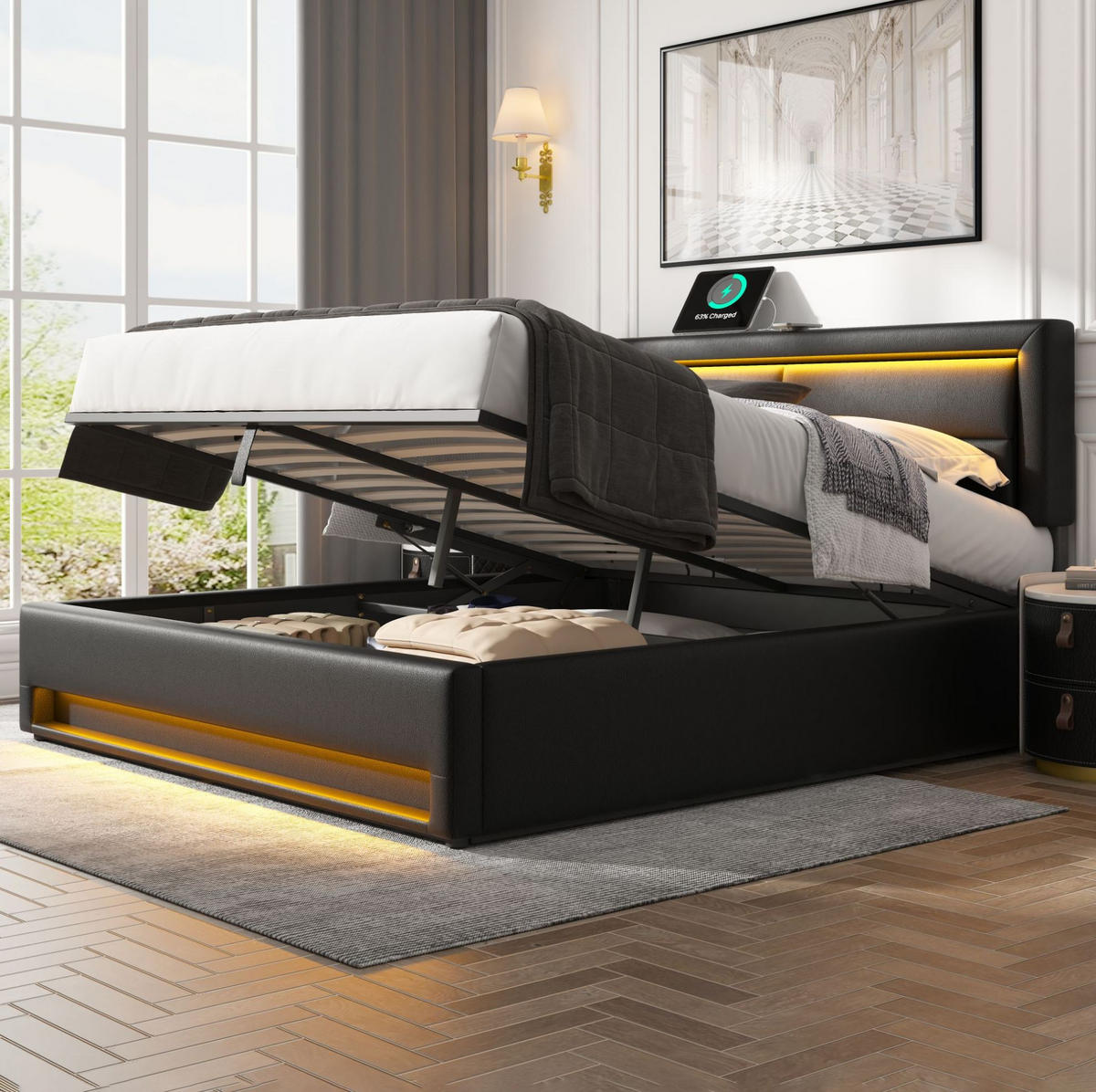 POLSTERBETT aus PU 140x200 cm Schwarz mit LED-Beleuchtung, USB-Anschluss und Stauraum - Schwarz, Leder (140/200cm) - IVMEU