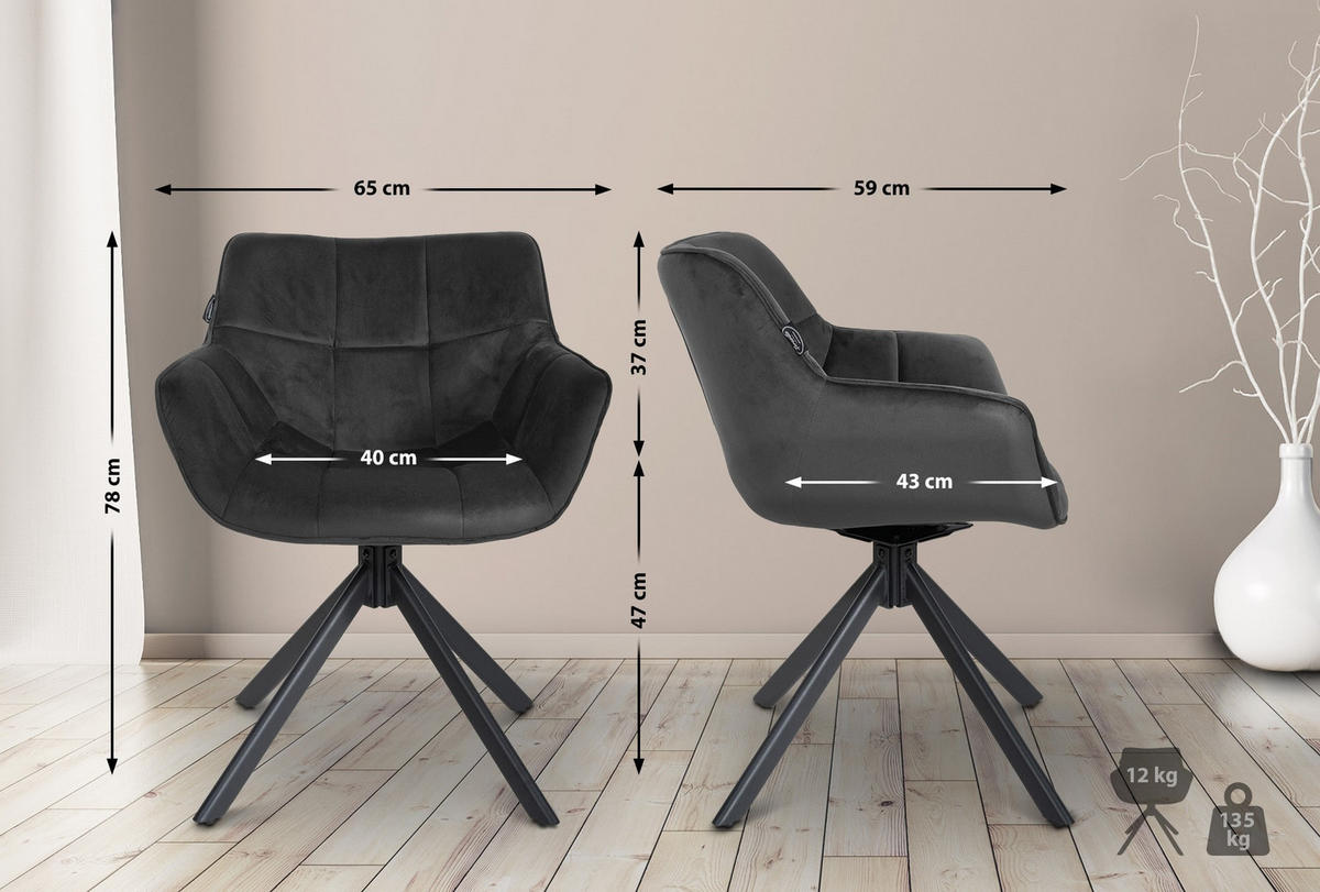 STUHL Samt dunkelgrau - Dunkelgrau/Schwarz, Textil/Metall (65/78/59cm) - CLP