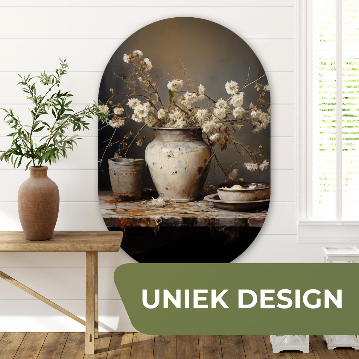 WANDBILD Stilleben - Blumen - Blumenstrauß - Vase - Wein Deko Groß 80x120 cm - Ecru, Kunststoff (80/120cm) - MuchoWow