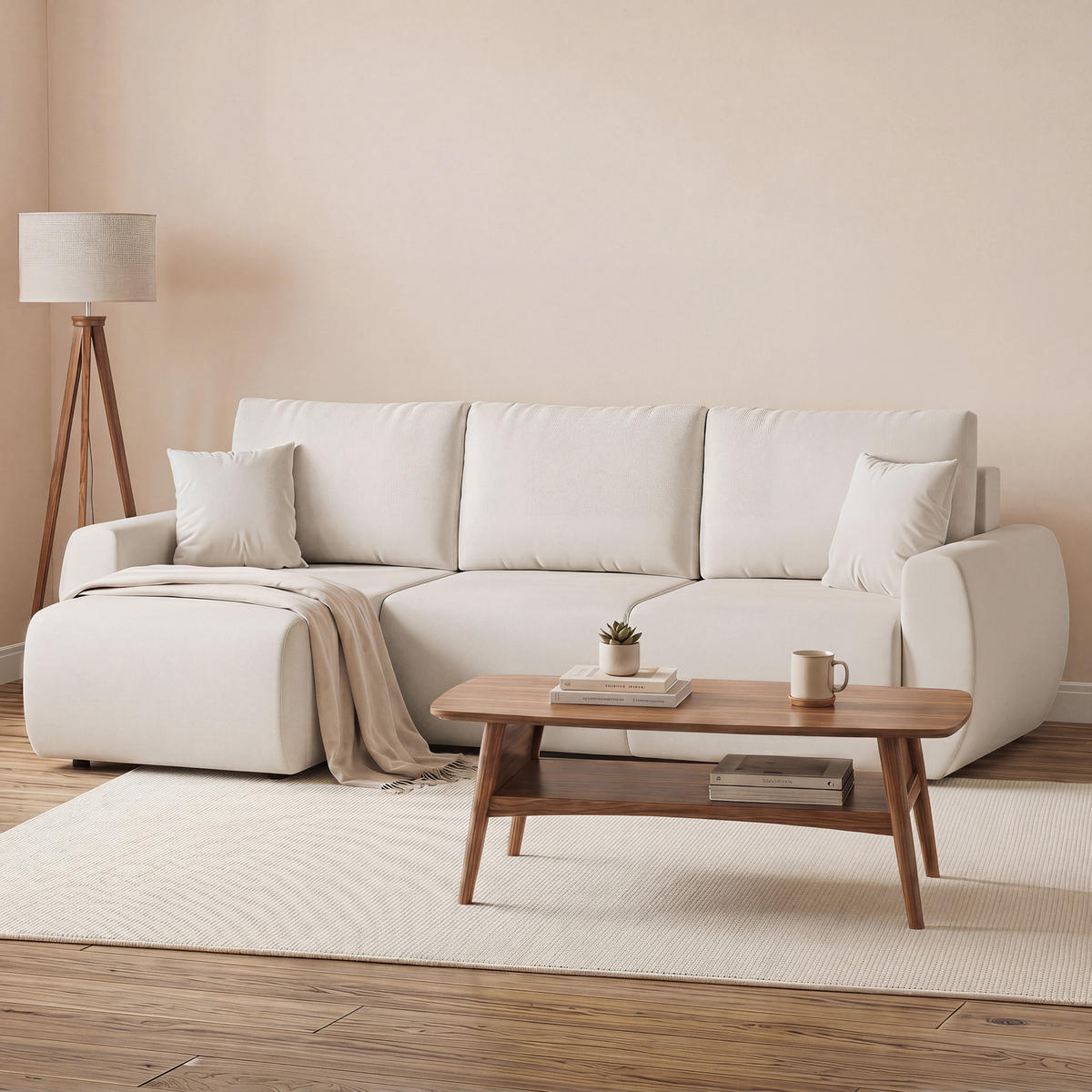 SCHLAFSOFA Veloursbezug Cremeweiß - Creme/Weiß, Holzwerkstoff/Kunststoff (140/90/250cm) - HOMCOM