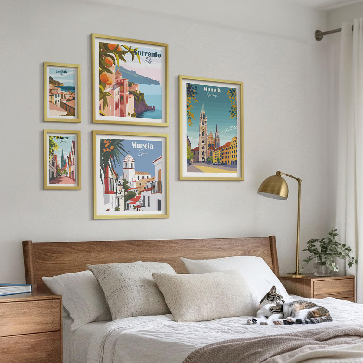 WANDBILDER 5er Set - 50x50 cm & 20x30 cm & 40x60 cm Goldrahmen - Retro-Stadtillustrationen - Goldfarben, Kunststoff (40/60cm) - ArtPrintCave