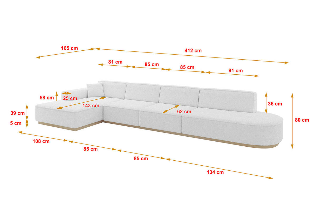 ECKSOFA Ottomane Links IREA-L3 - 412x165x80 cm Weiß - Weiß, Holzwerkstoff/Textil (412/165cm) - ALTDECOR
