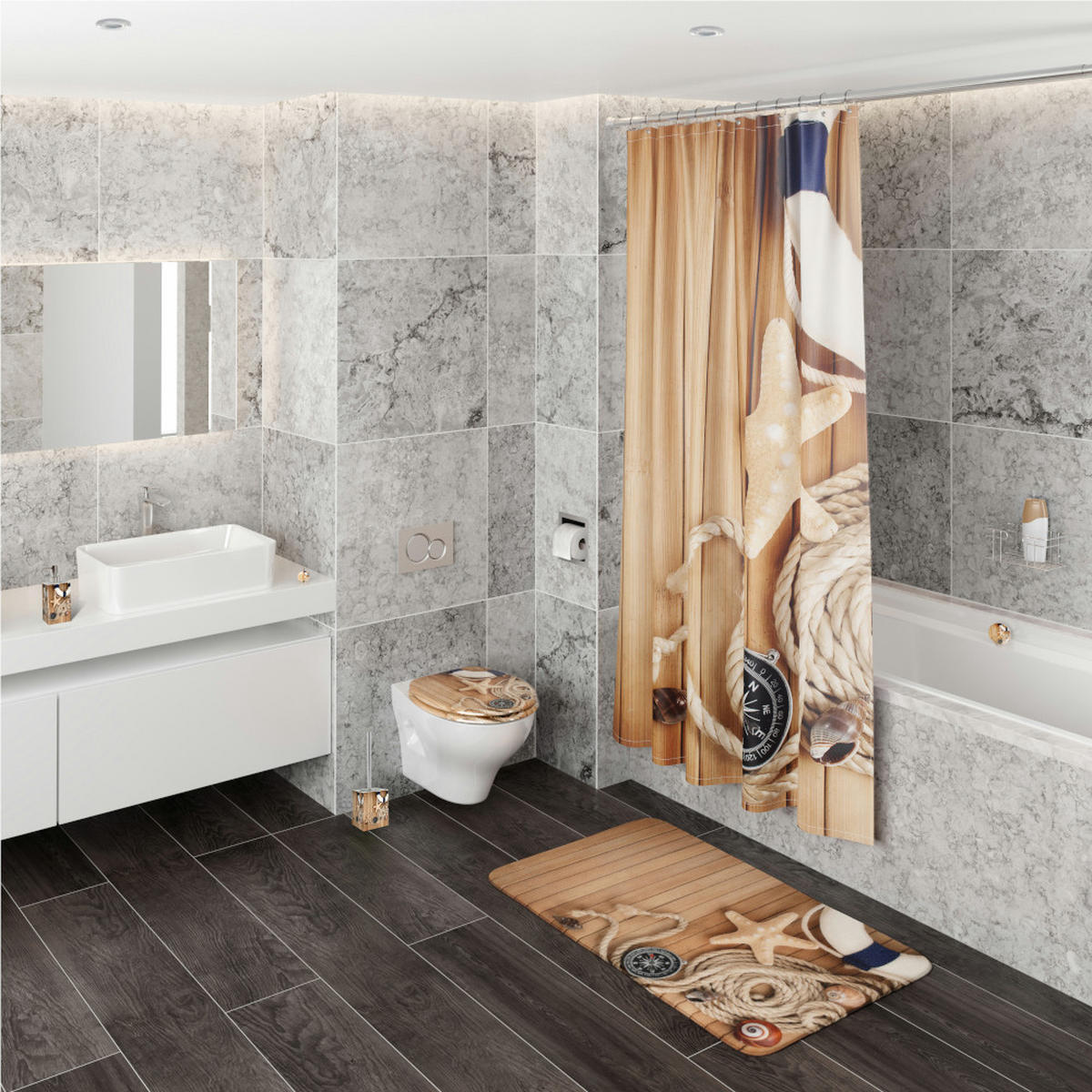 KOSMETIKEIMER Maritime - Beige/Dunkelblau, Kunststoff/Metall (17/25/25cm) - Sanilo