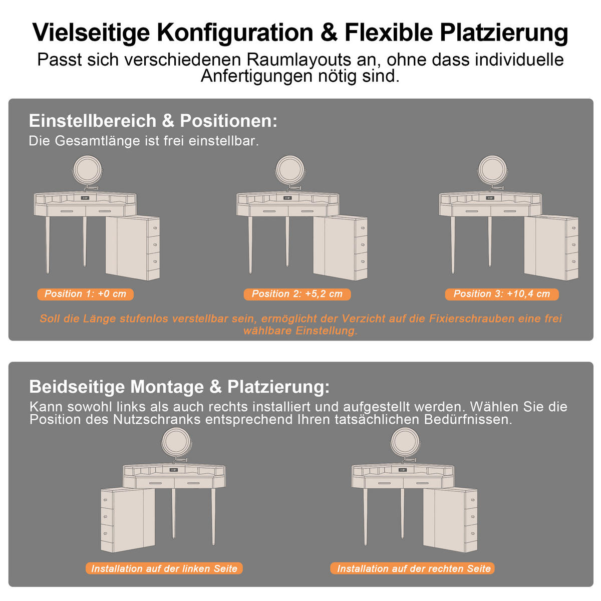 ECK-SCHMINKTISCH Weiß mit drehbarem LED-Spiegel (dimmbar), 5 Schubladen, USB & USB-C, moderner Frisiertisch, 105,5x75x120 cm - Weiß, Holz (75/120/105.5cm) - Ej. Life