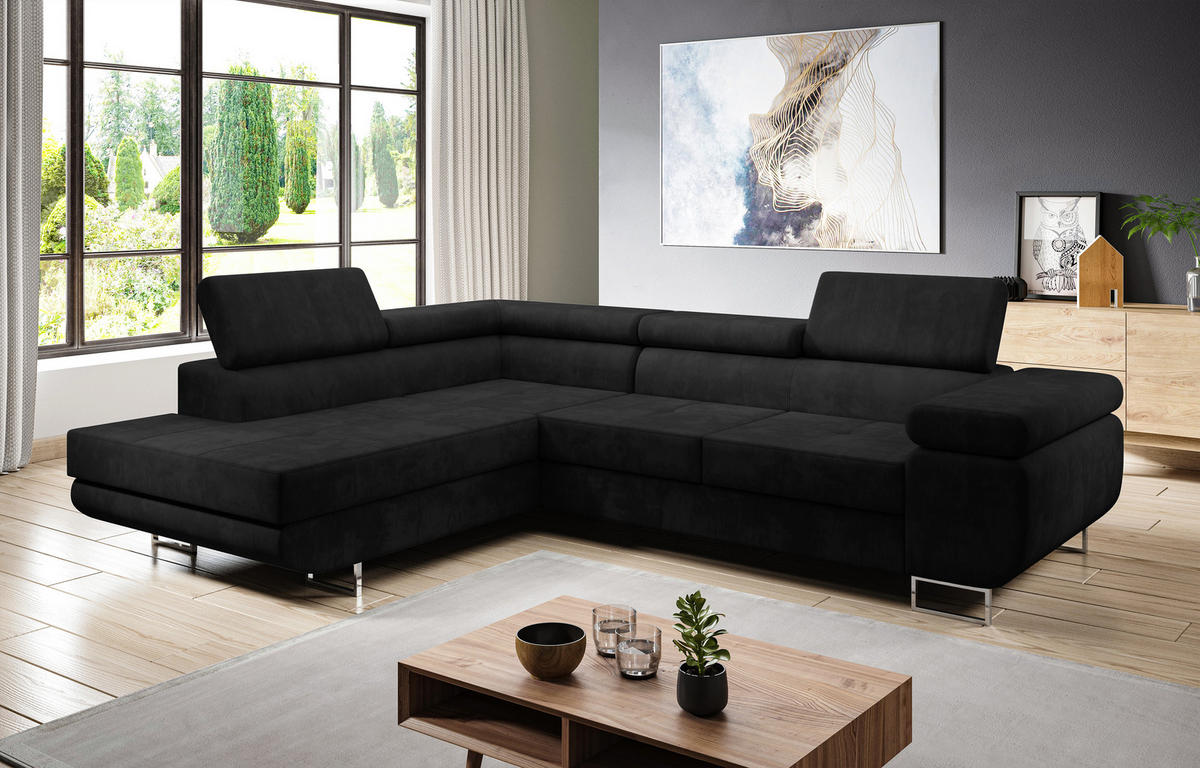 ECKSOFA L Form Kanya Schwarz 275/202/90 cm – Sofa mit Bettfunktion Stauraum L - Silberfarben/Schwarz, Textil/Metall (202/275cm) - AX Living