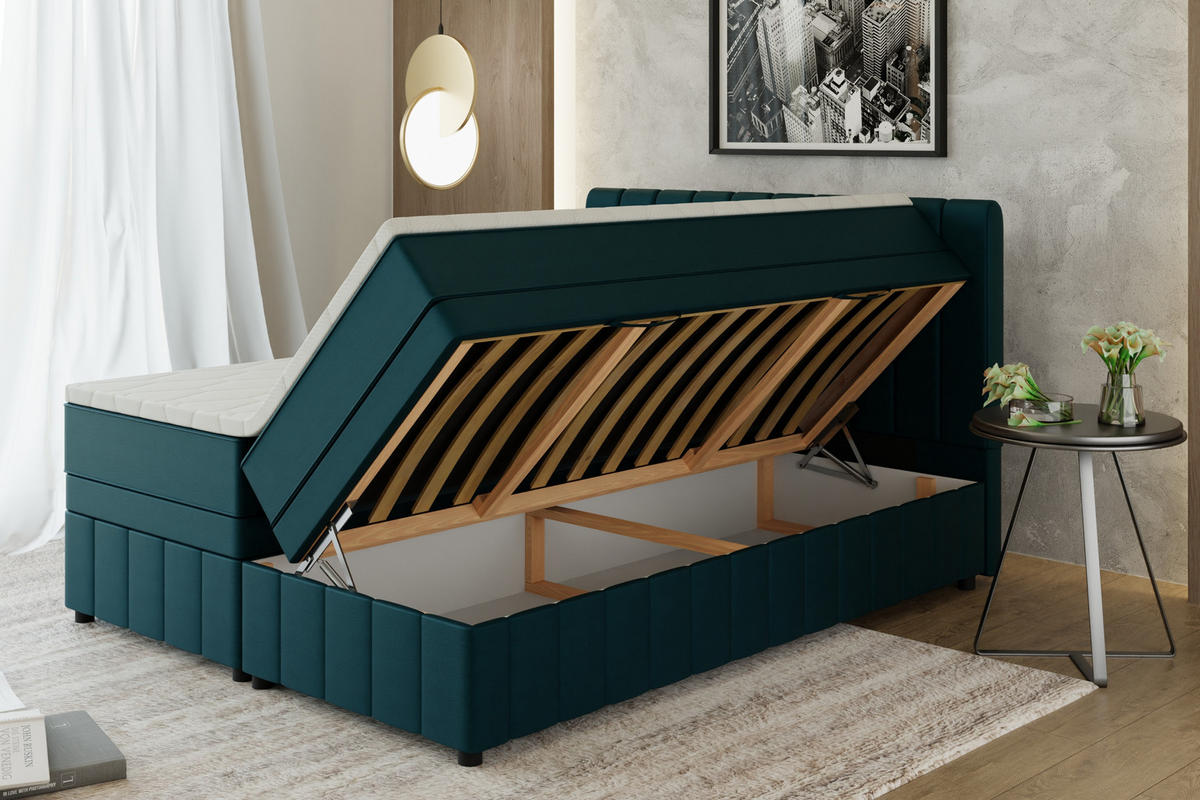 BOXBETT AVALON 160 x 200 cm mit Bettkasten und Topper - Türkis - Türkis, Holz - Panda Möbel