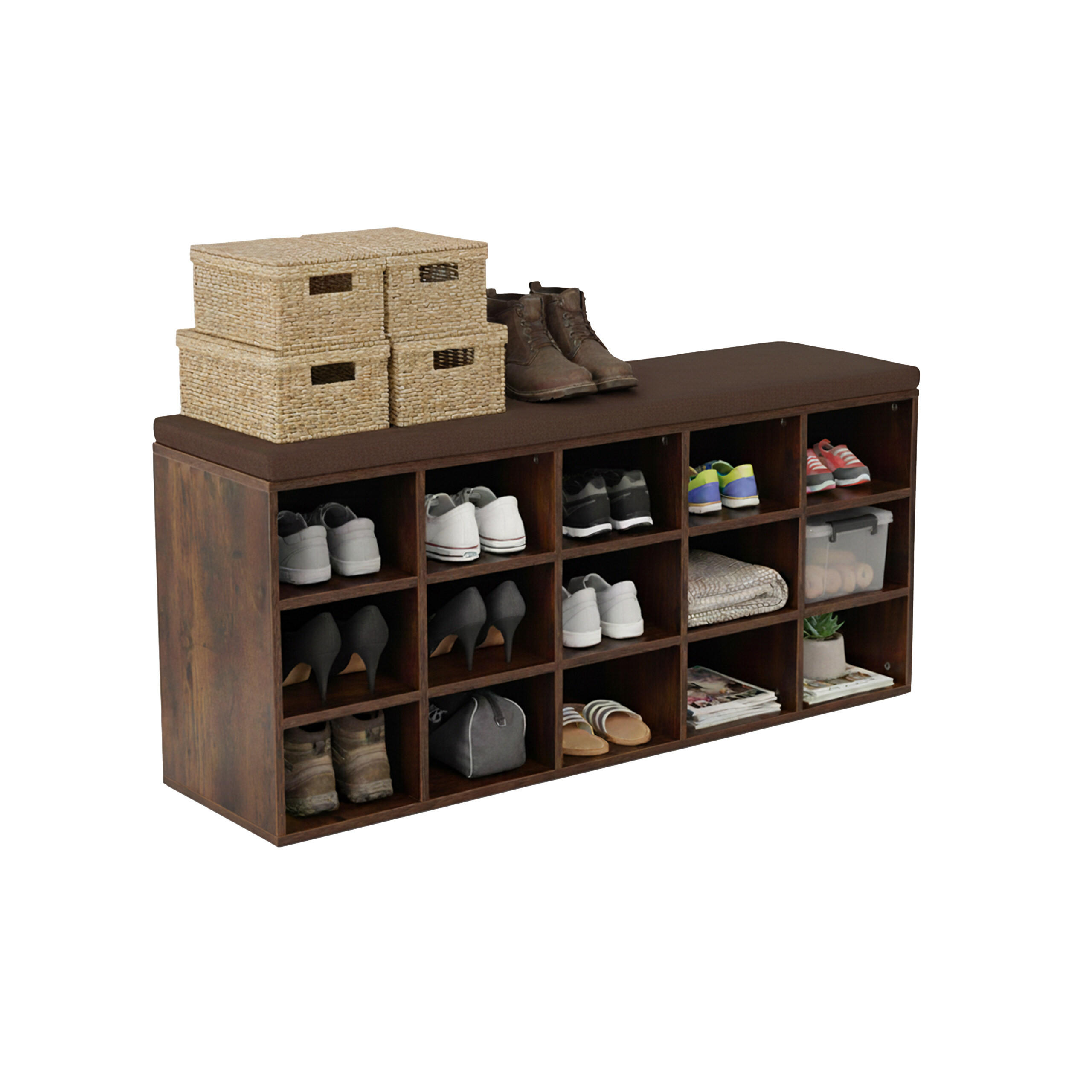 SCHUHBANK - Dunkelbraun, Holzwerkstoff/Textil (105/48/30cm) - Relaxdays