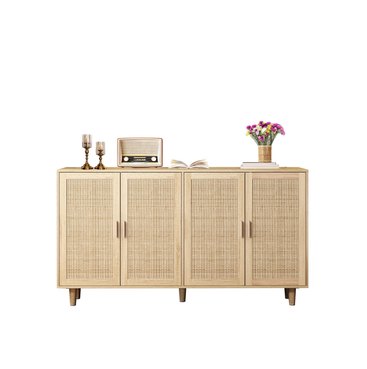 SIDEBOARD 158/40/88 cm aus Spanplatte mit 4 Rattantüren Natur - Naturfarben, Holzwerkstoff (158/88/40cm) - Modenvie
