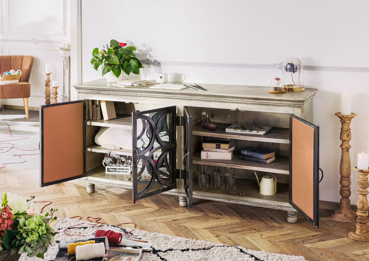 SIDEBOARD Mango 183x46x92 grau lackiert HERMITAGE #010 - Grau, Holz (183/92/46cm) - Massivmoebel24