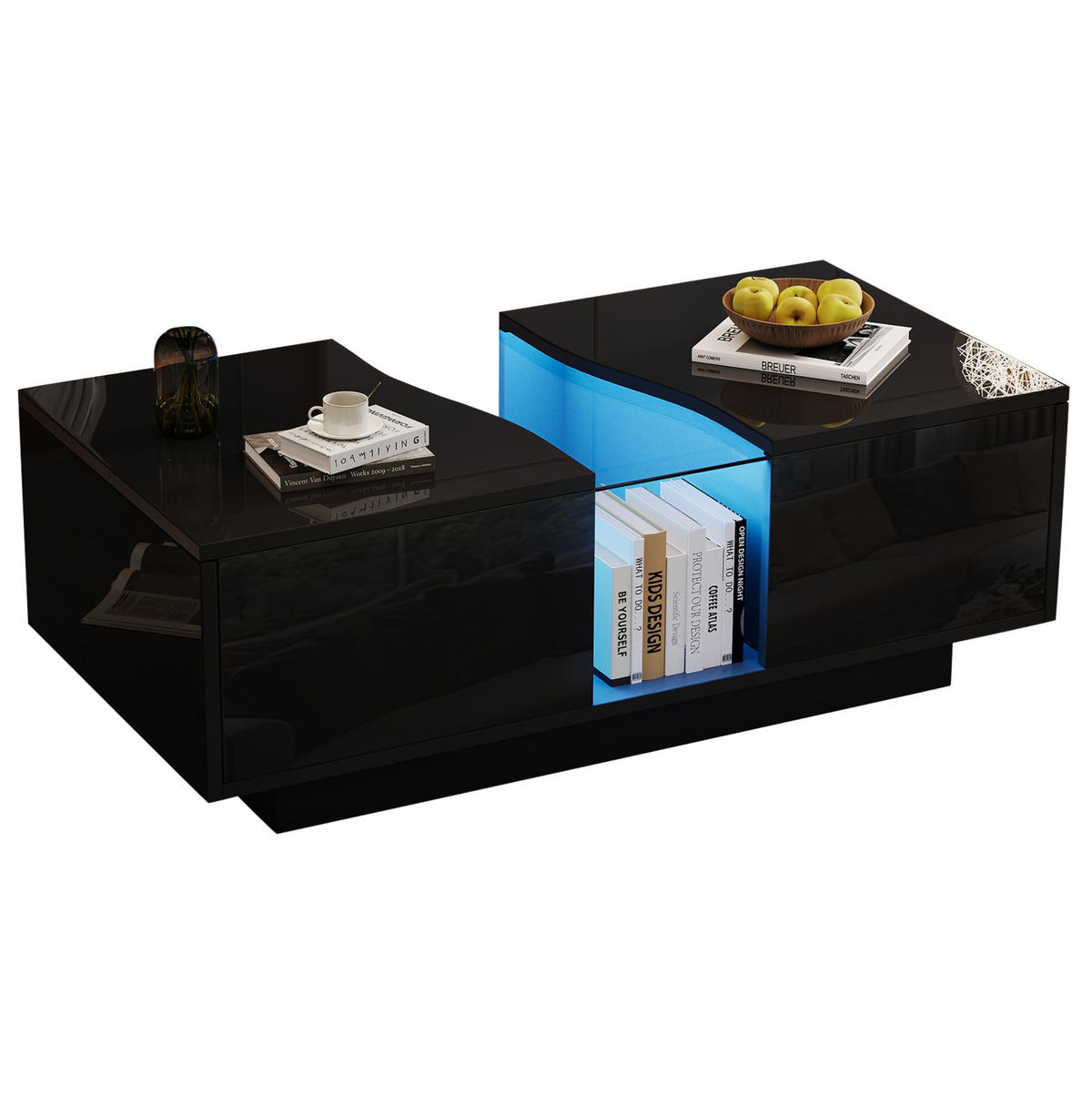 COUCHTISCH 100/50/35 cm schwarz Hochglanz mit 2 Schubladen und LED-Beleuchtung - Schwarz, Holzwerkstoff (100/50/35cm) - OKWISH