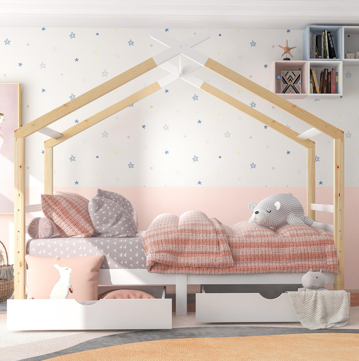 KINDERBETT 90/200 cm Weiß aus Kiefer-Massivholz und MDF mit Schubladen - Weiß, Holz (90/200cm) - OKMYHOME