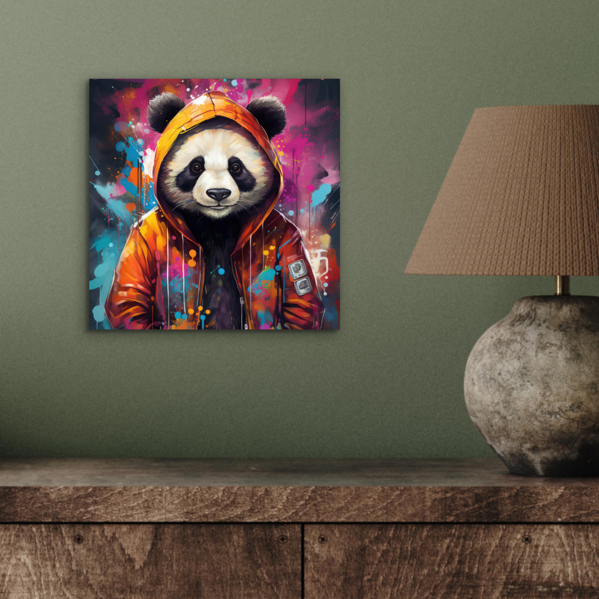 METALLBILD Panda - Jacke - Graffiti - Orange 20x20 cm - Orange, Metall (20/20cm) - MuchoWow