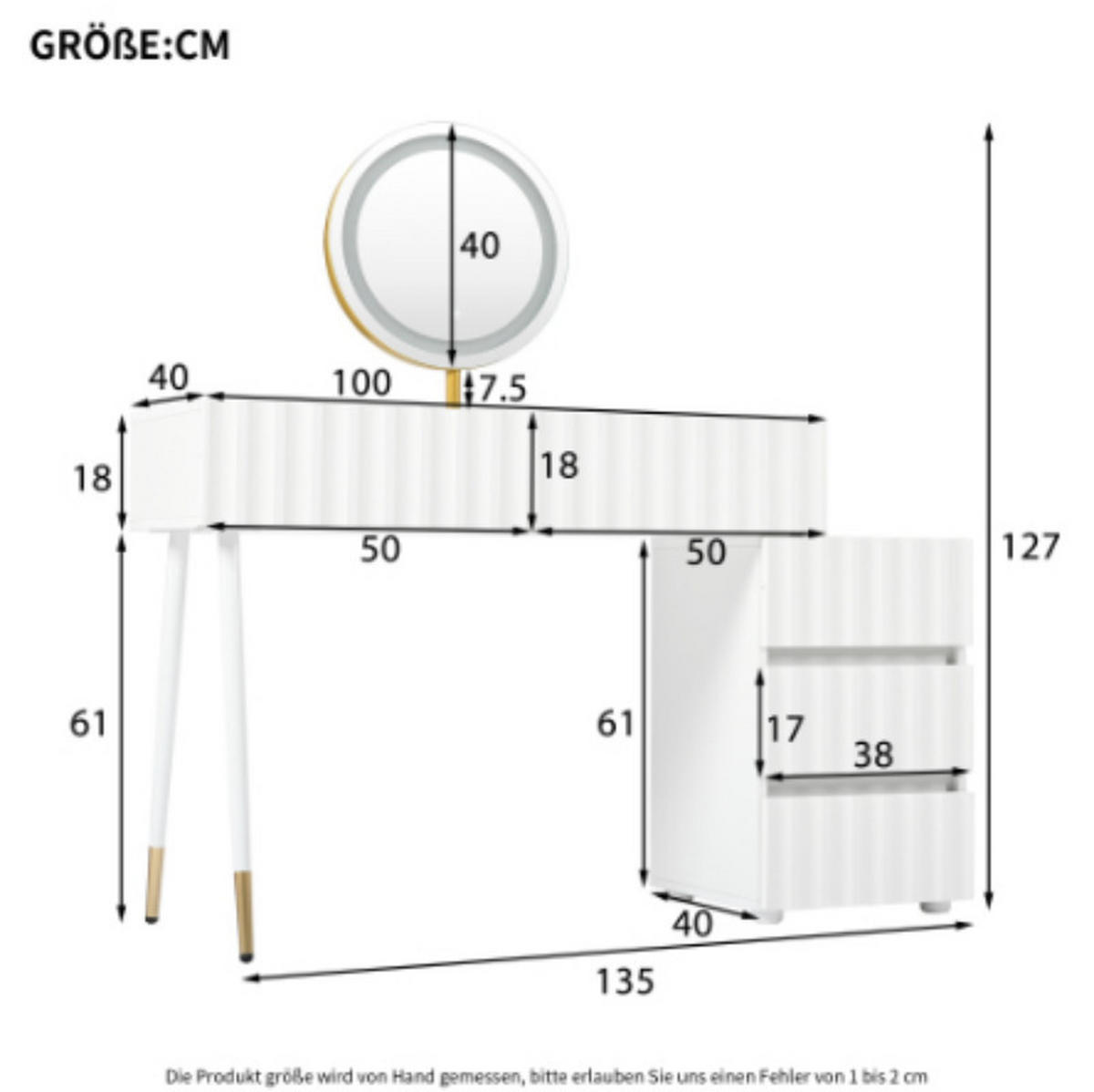 SCHMINKTISCH mit verstellbarem LED-Spiegel, weiß, B100/H127/T40 cm - Weiß, Holzwerkstoff (40/127/100cm) - Vallsero