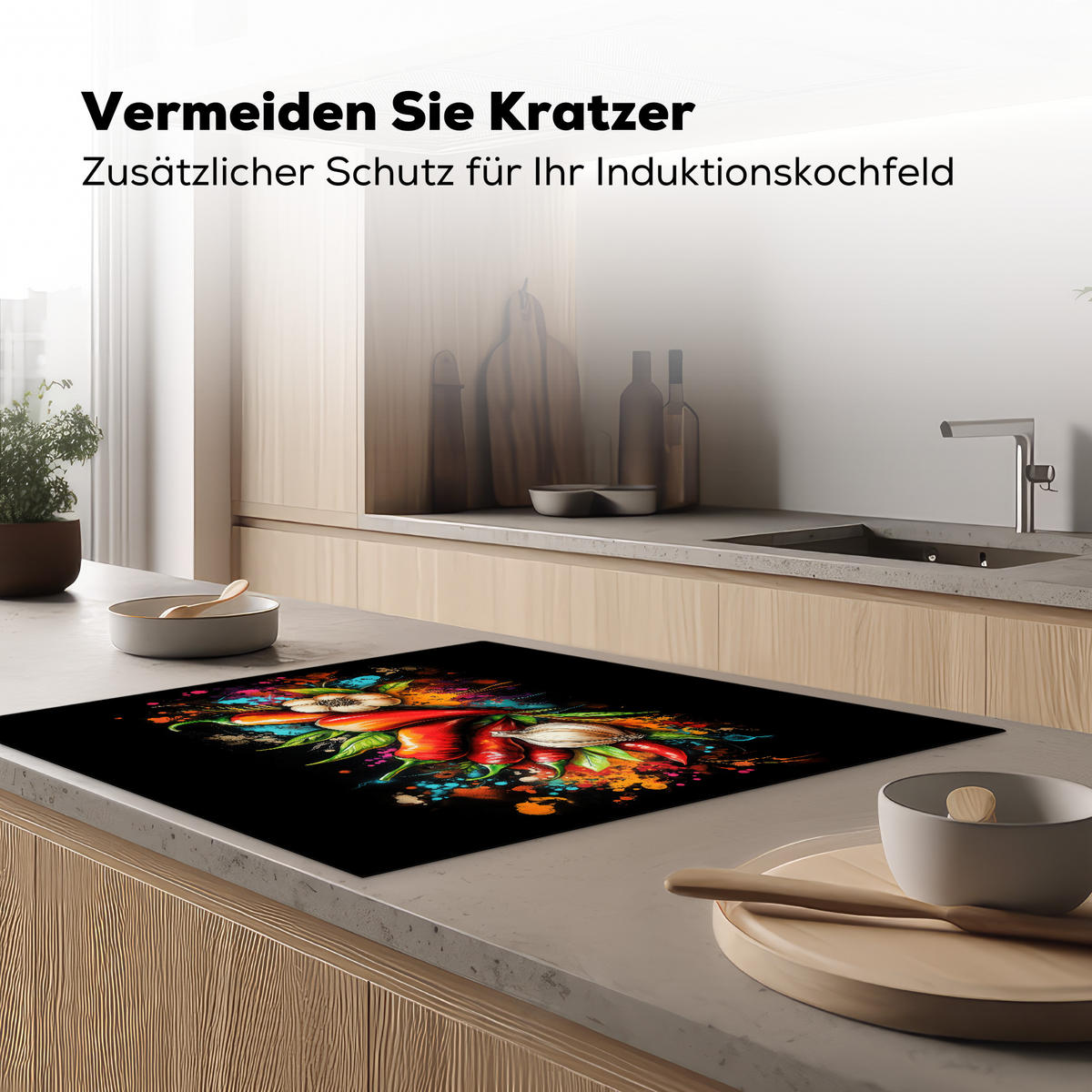 HERDABDECKPLATTE Gemüse - Paprika - Knoblauch - Graffiti - Farbe - Bunt 78x78 cm - Rot, Kunststoff (78/78/0.2cm) - MuchoWow