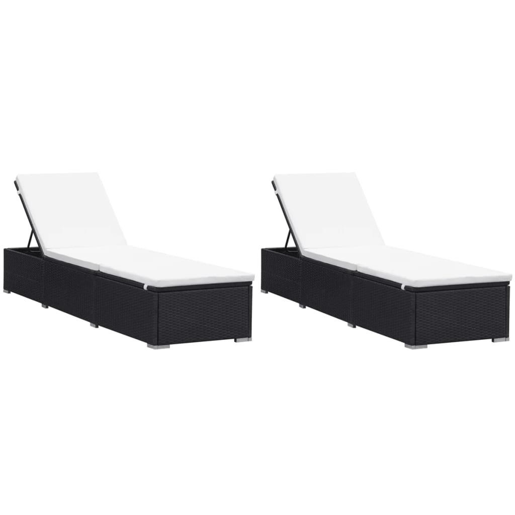 SONNENLIEGEN mit Auflage 2 Stk. Poly Rattan Schwarz - Schwarz, Kunststoff (60/31/195cm) - furnicato