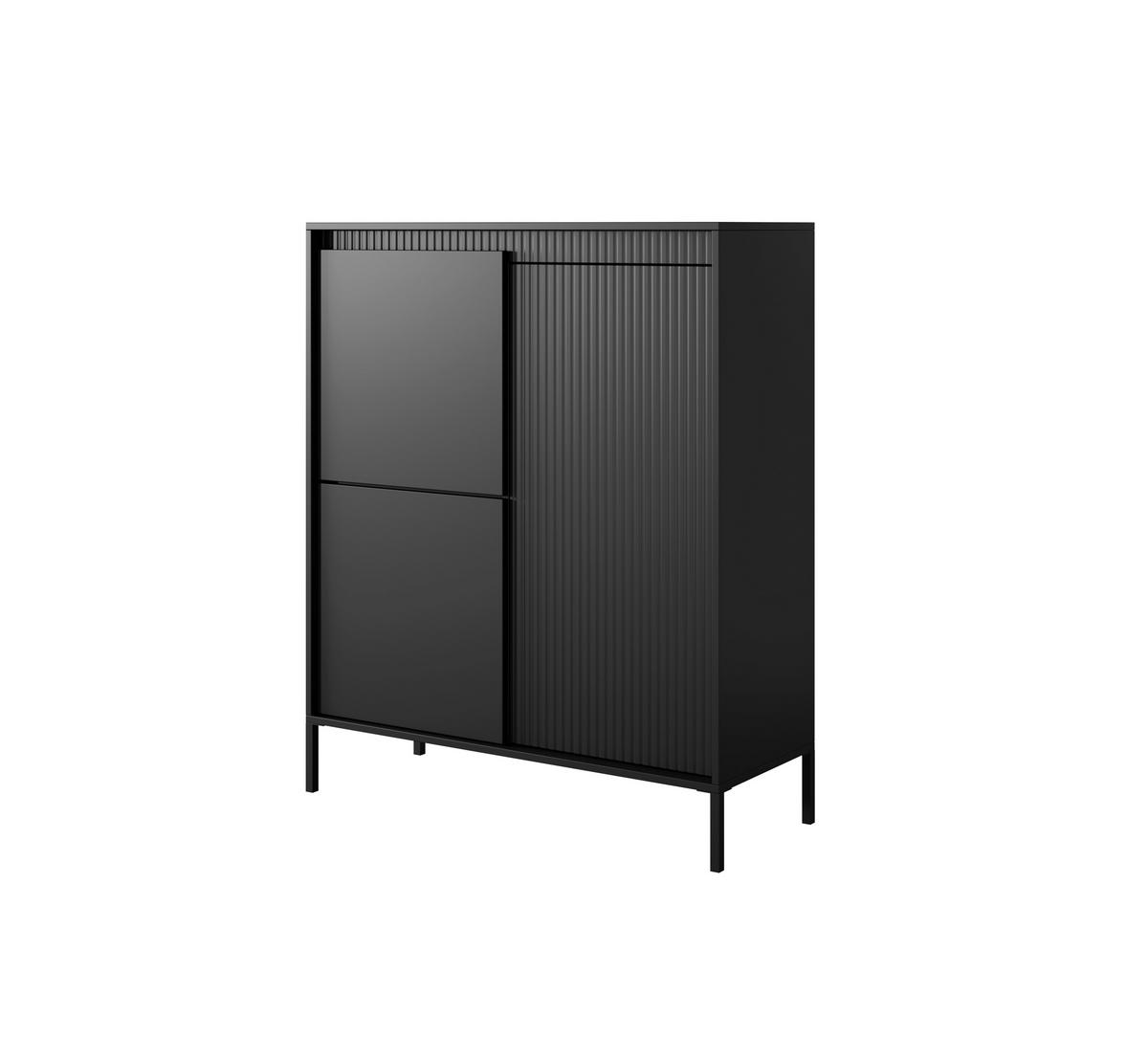 KOMMODE SENSO 3D Hoch, Geriffelte MDF-Fronten, Push-to-Open, Metallfüße, 103,5x123,4x39,5 cm - Schwarz - Schwarz, Holz/Holzwerkstoff (104/124/40cm) - DomoHome