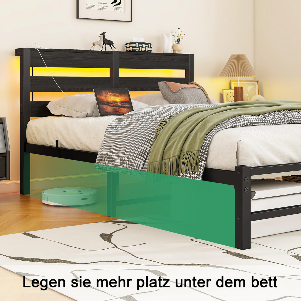 METALLBETT 120x200 cm LED USB Stauraum - Schwarz, Metall (120/200cm) - Fortuna Lai