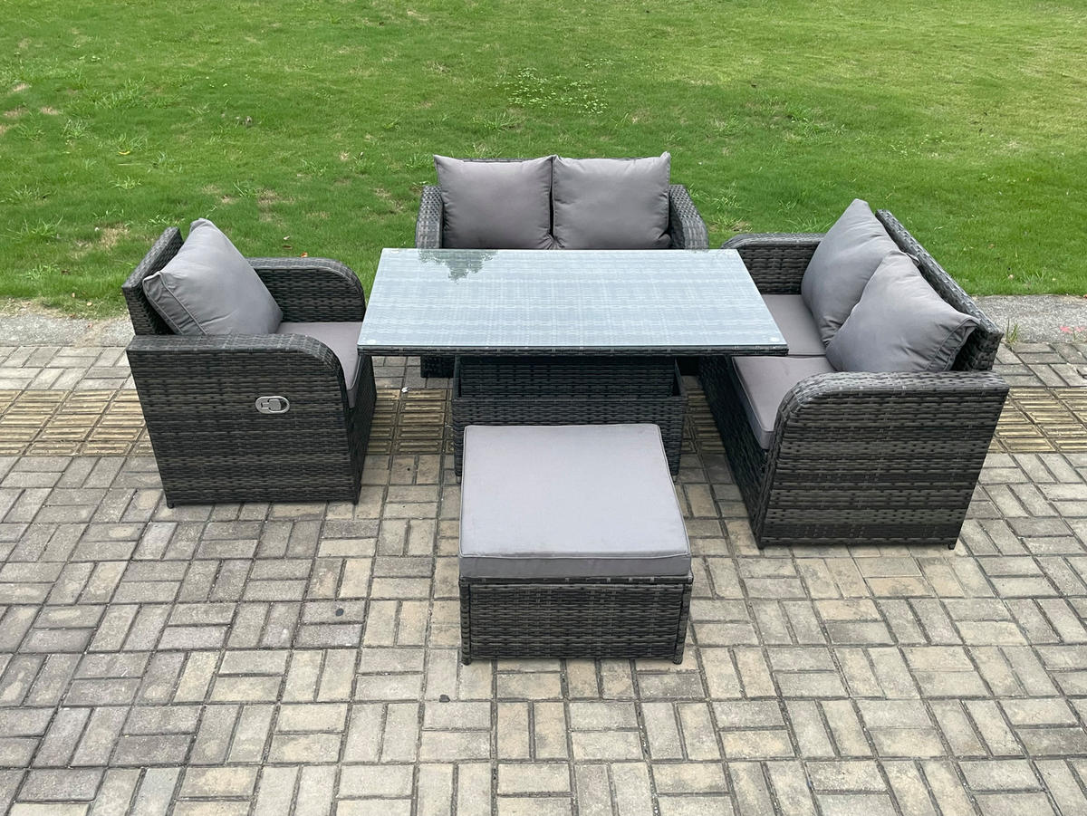 GARTENSOFA SET Polyrattan Dunkelgrau 6-Sitzer - Dunkelgrau, Metall - Fimous