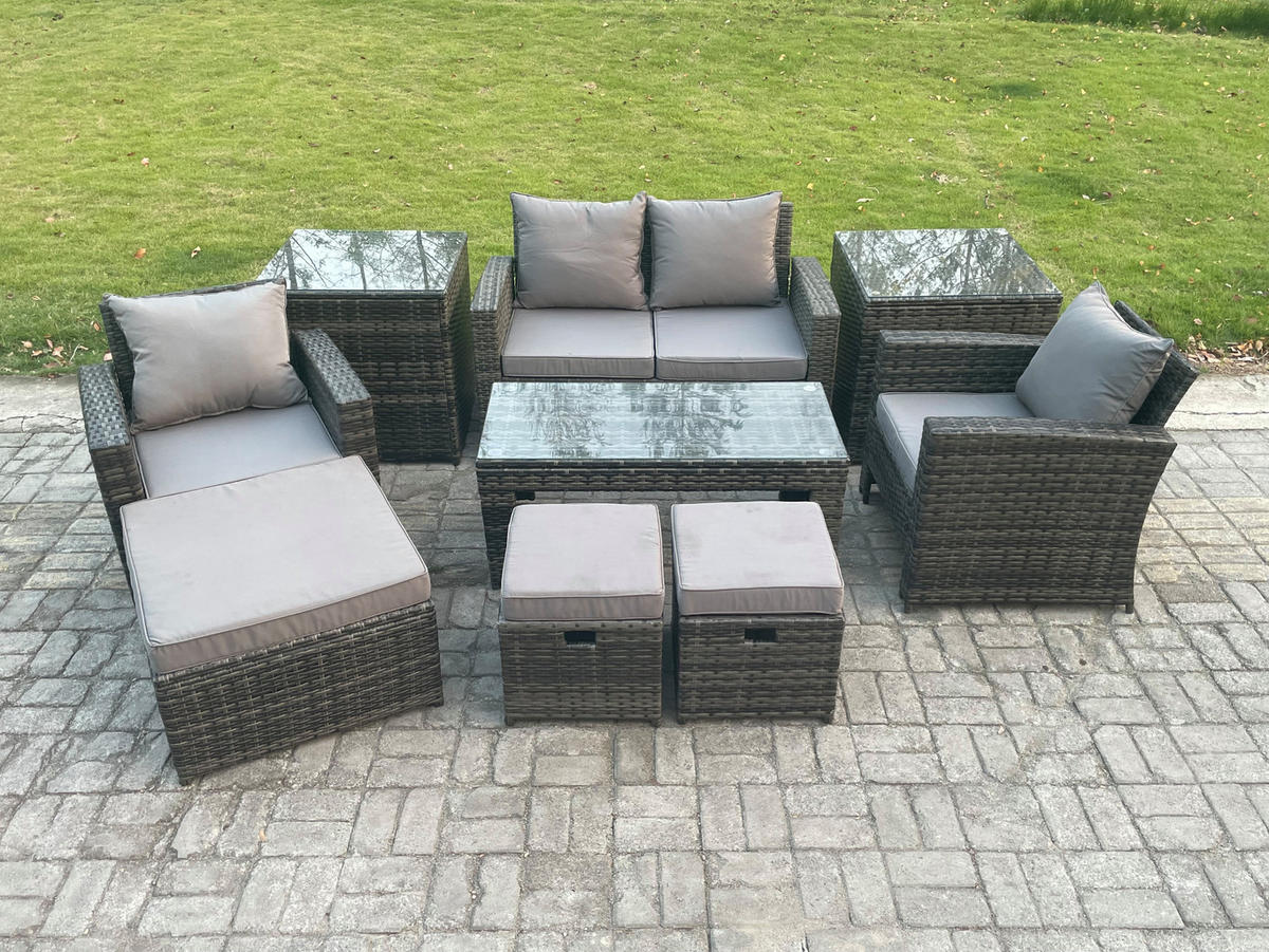 GARTEN LOUNGE-SET MIT RECHTECKIGEM COUCHTISCH STUHL 3 HOCKER Polyrattan Dunkelgrau Gemischt - Dunkelgrau, Metall - Fimous