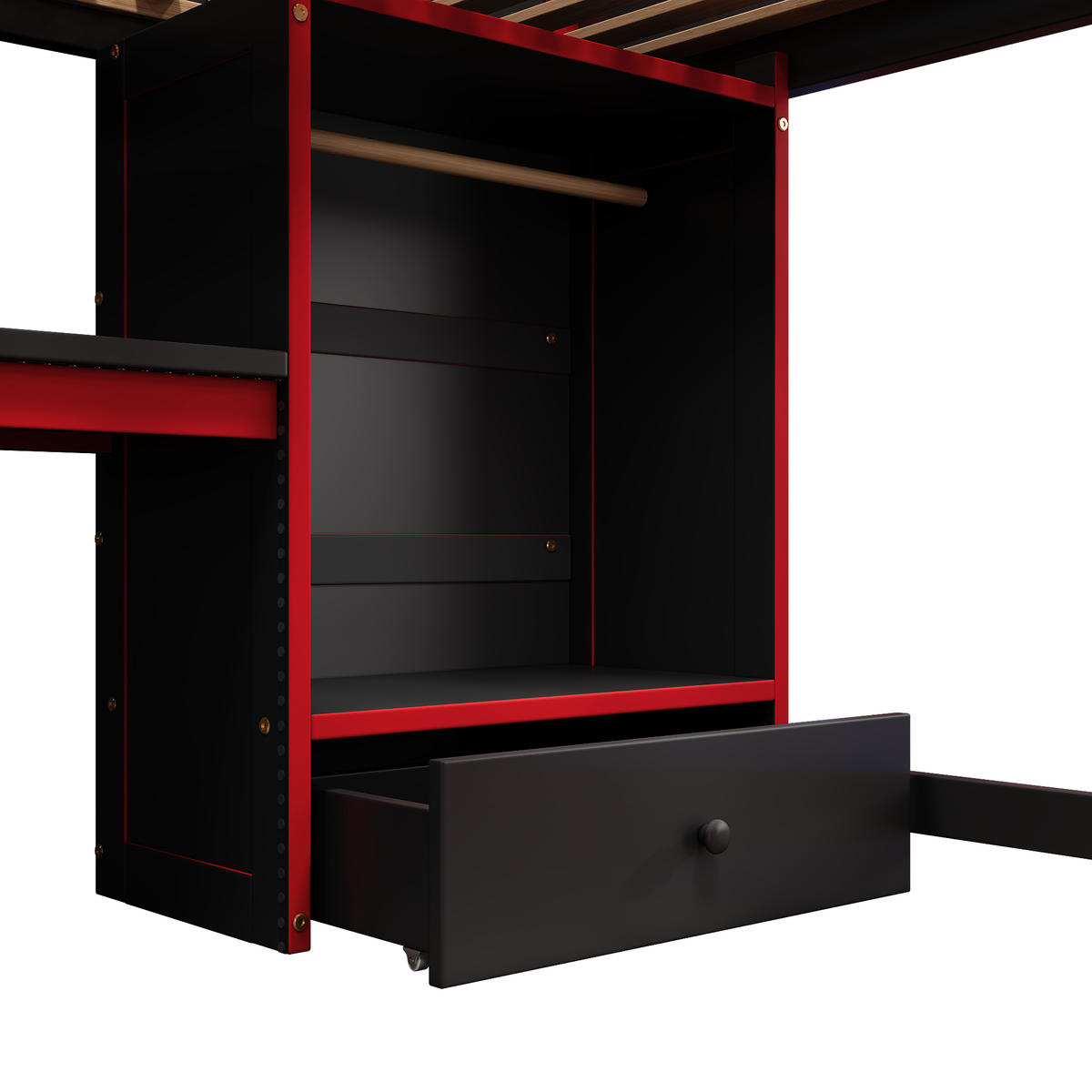 HOCHBETT aus Kiefernholz 140x200 cm in Schwarz-Rot mit LED & Schreibtisch - Schwarz, Holz (140/200cm) - Modfu