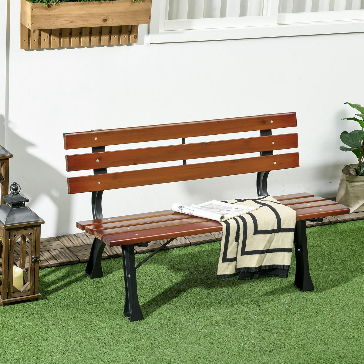 GARTENBANK, 2-Sitzer, Parkbank mit Rückenlehne, Holzbank, für Garten, Balkon, Kaffee - Dunkelbraun, Holz/Metall (57/70/120cm) - Outsunny