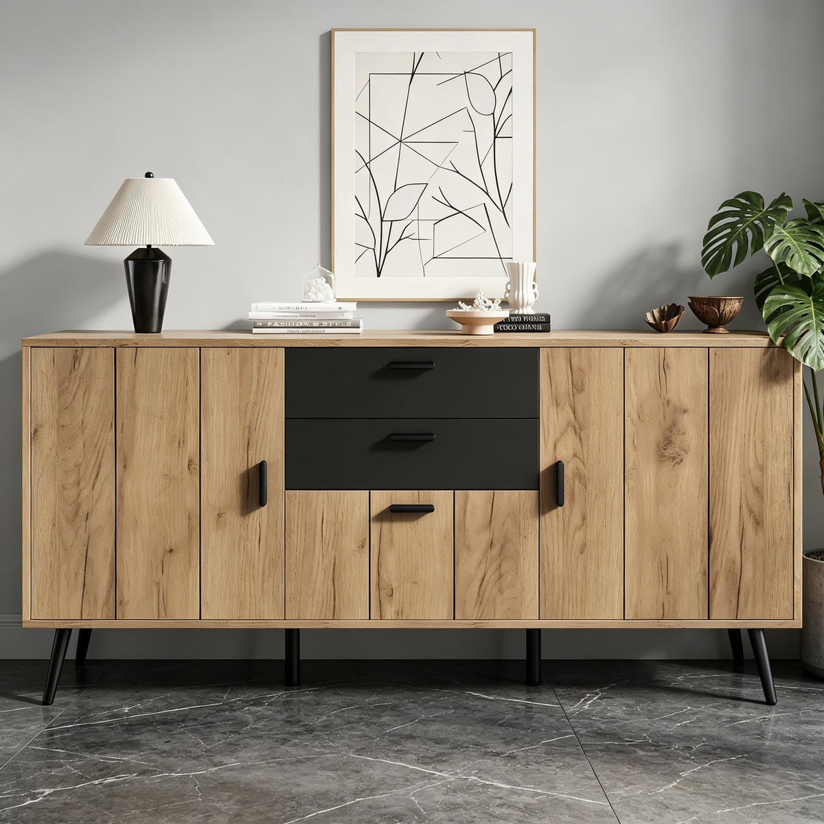 SIDEBOARD mit 2 Schubladen und 3 Türen mit großer Arbeitsplatte Schwarz/Holzfarbe 140/35/67 cm - Schwarz/Naturfarben, Holzwerkstoff (140/67/35cm) - EVRYAE