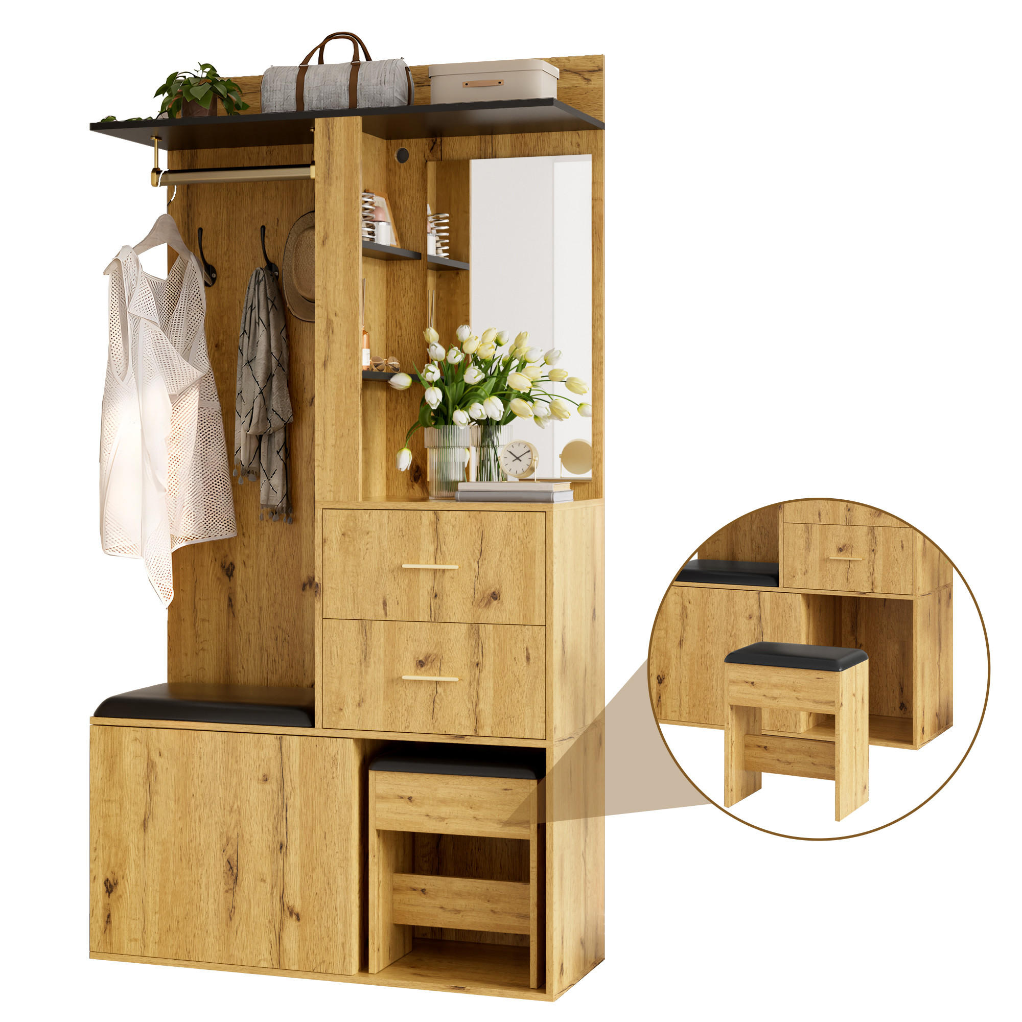 GARDEROBE MDF mit Spiegel und APP LED - Naturfarben, Holzwerkstoff (100/172.5/40cm) - FLIEKS